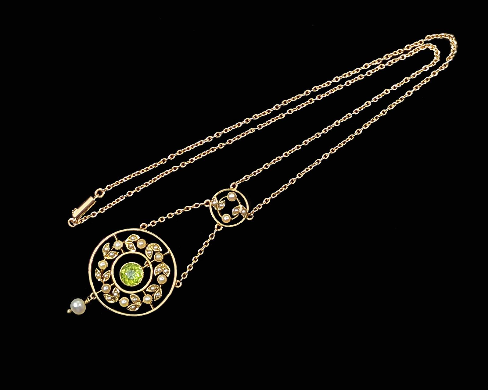 Edwardian 15ct Gold Peridot and Seed Pearl Garland Necklace – Antique Circa 1910 (1 of 8)