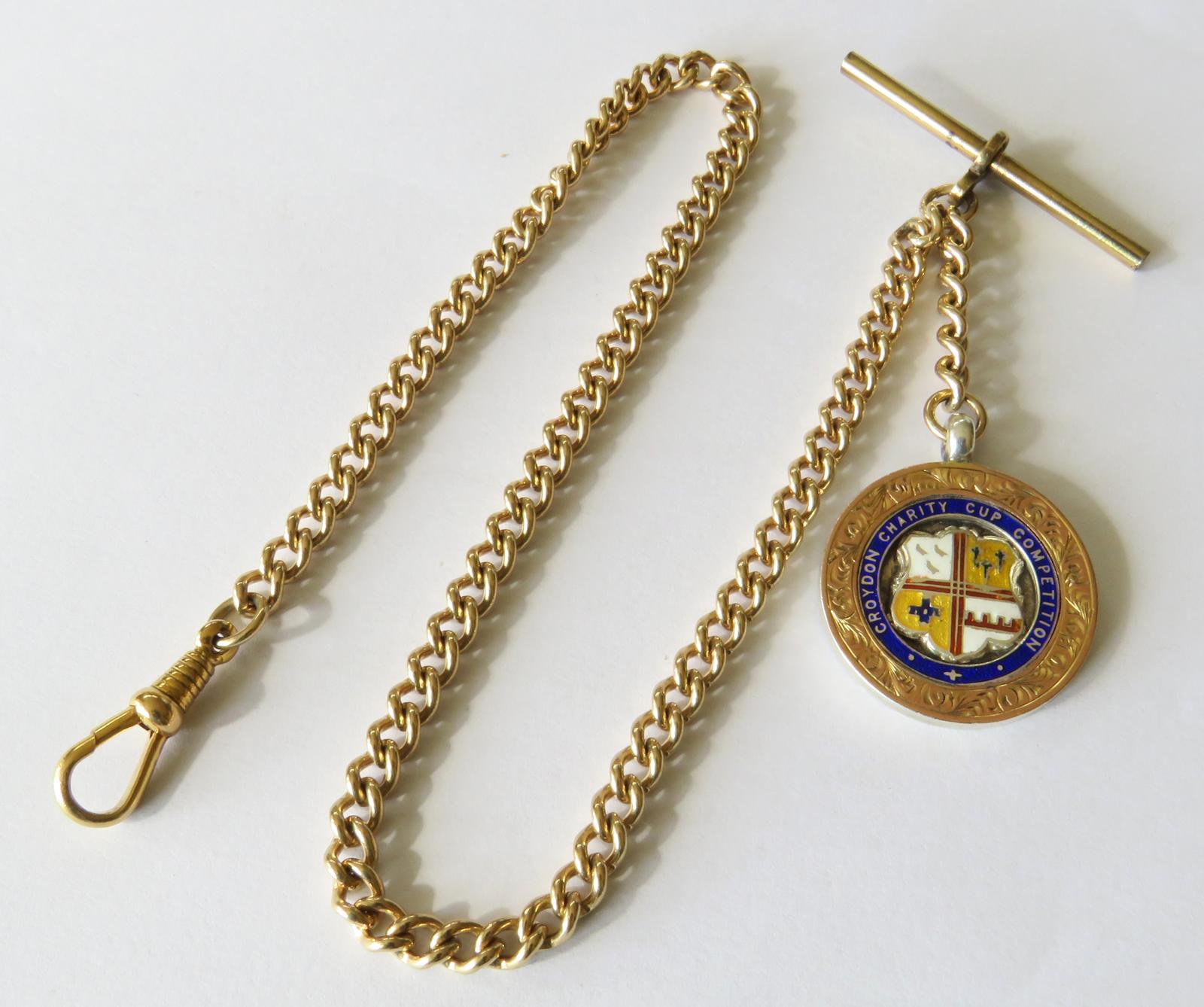 Antique Rolled Gold Pocket Watch Chain & Croydon Fob (1 of 3)