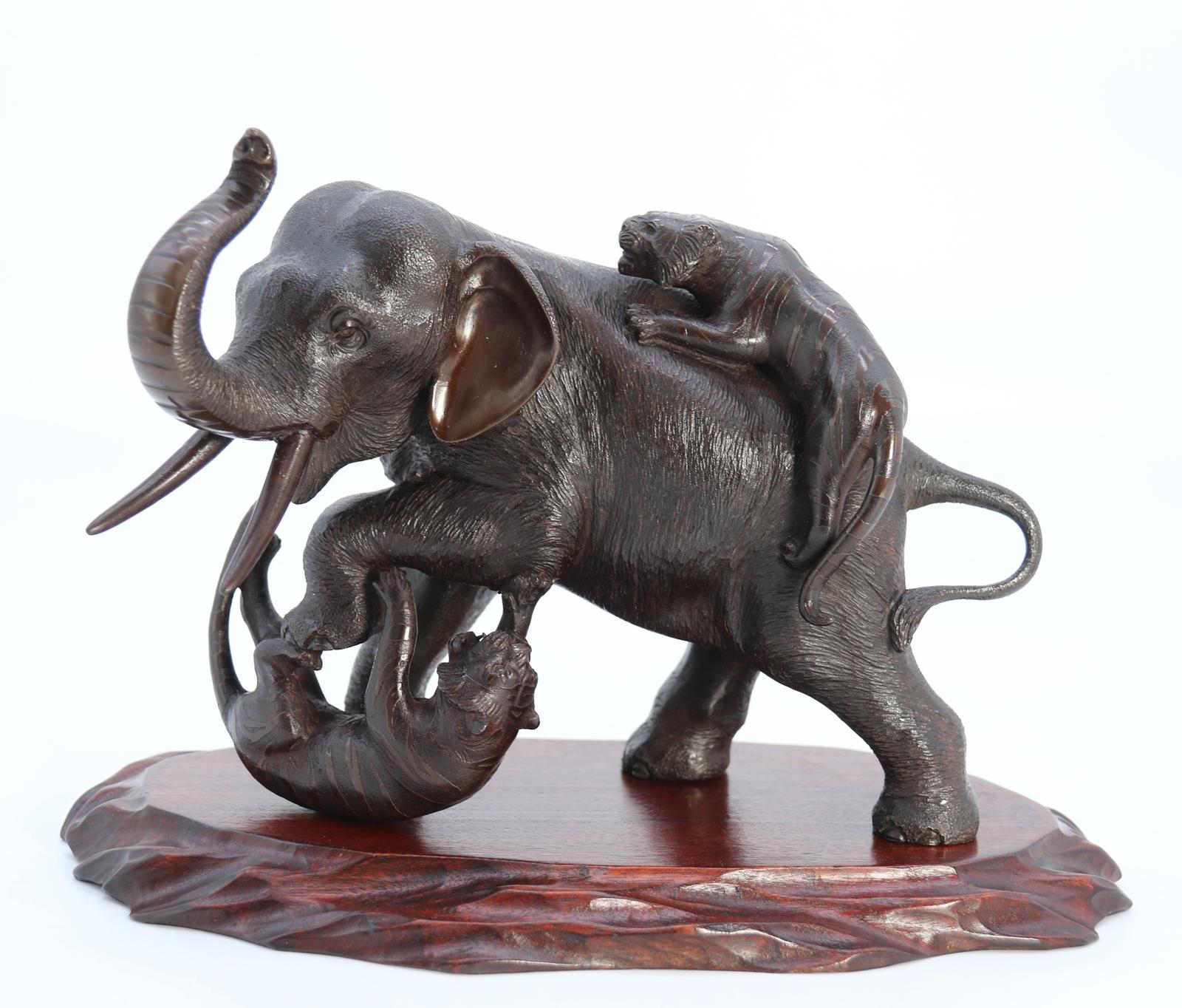 Japanese Meiji Period Bronze Study of Elephant Fighting with Two Tigers c.1880 (1 of 20)