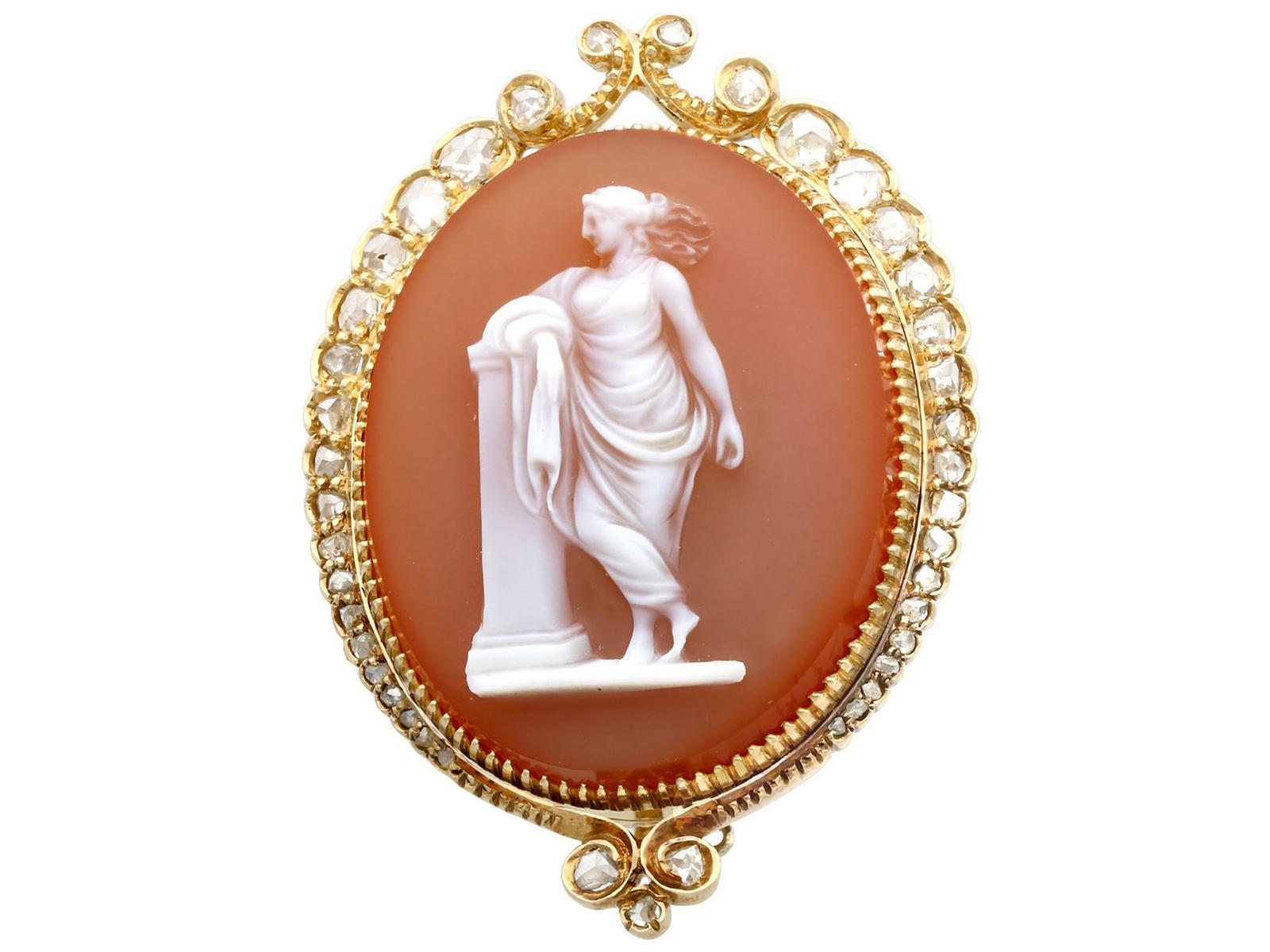 Antique Hardstone & 0.68ct Diamond, 18ct Yellow Gold Cameo Brooch c.1880 (1 of 9)