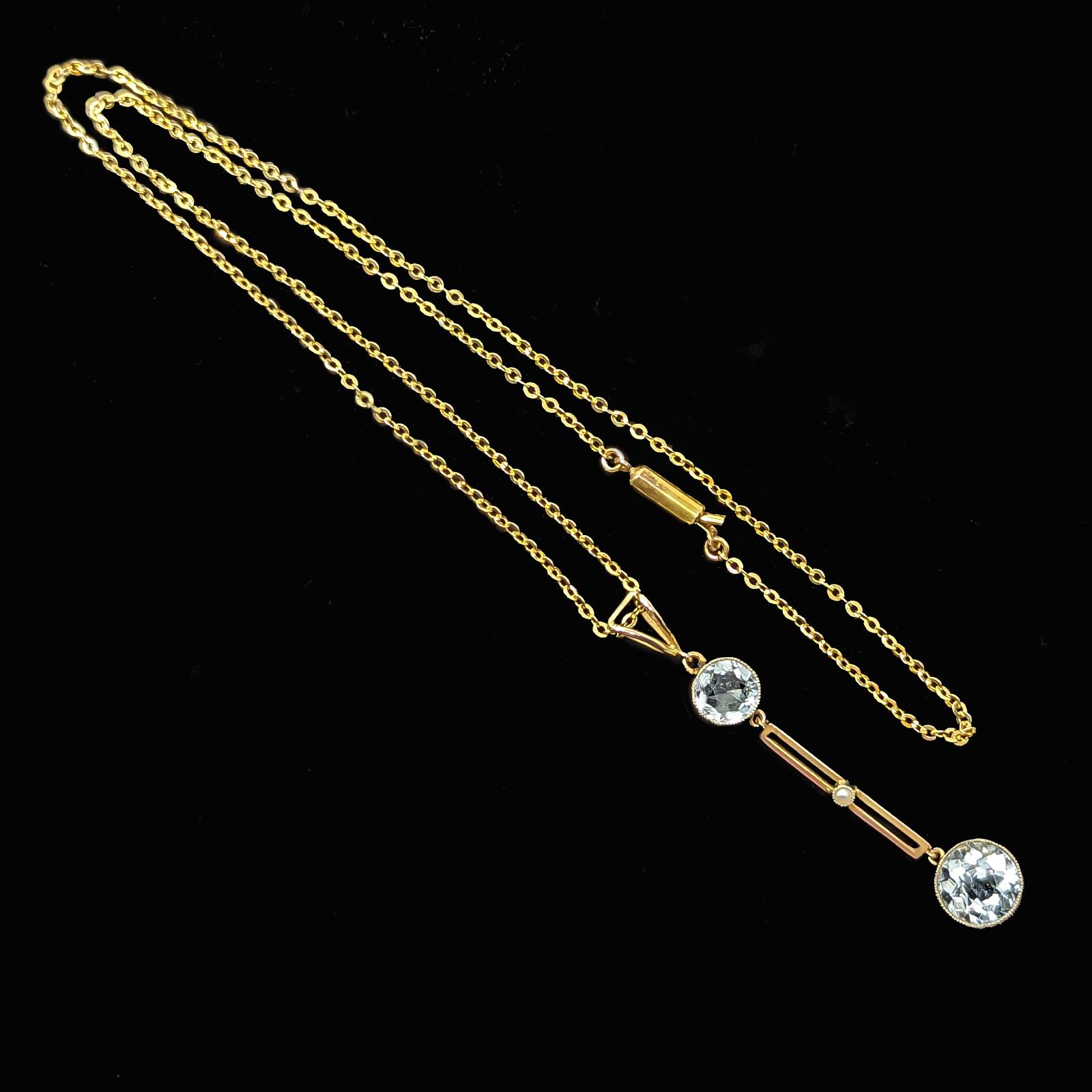 Edwardian Aquamarine & Seed Pearl Drop Pendant Necklace in 9ct Gold c.1910 (1 of 9)