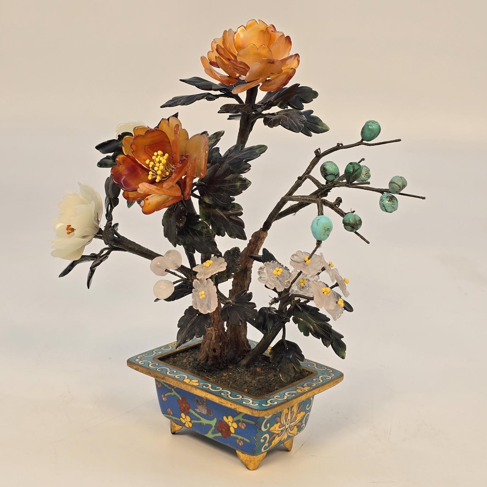 Chinese Cloisonné and Mixed Carved Hardstone Flowering Bonsai Tree (1 of 19)