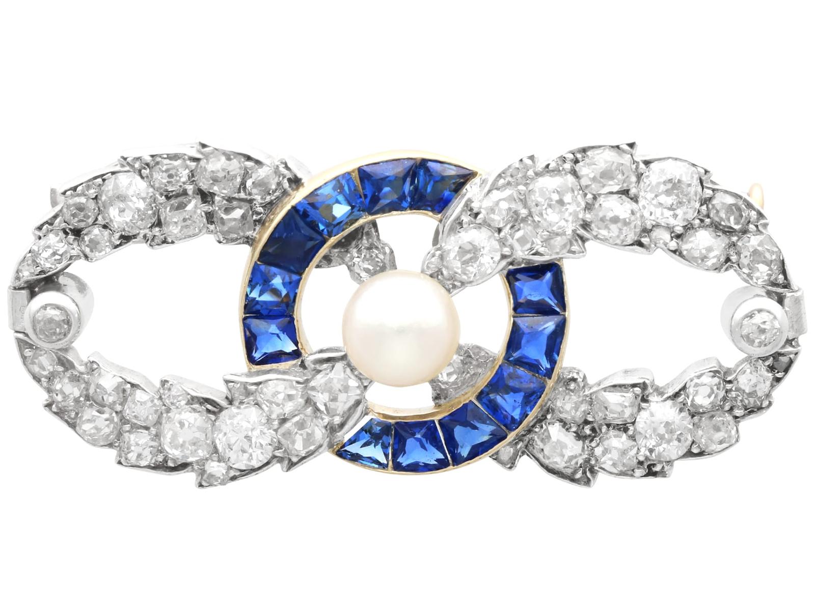 Antique Pearl, 2.02ct Sapphire & 4.95ct Diamond, 18ct Yellow Gold Brooch c.1910 (1 of 9)