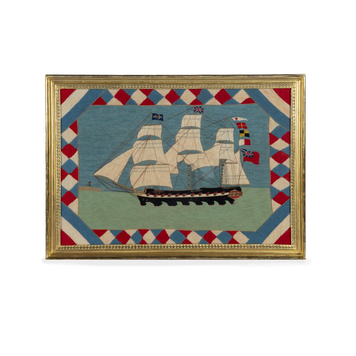 Victorian Wool Picture of Three Masted Frigate Flying Several Flags and Ensigns (1 of 2)
