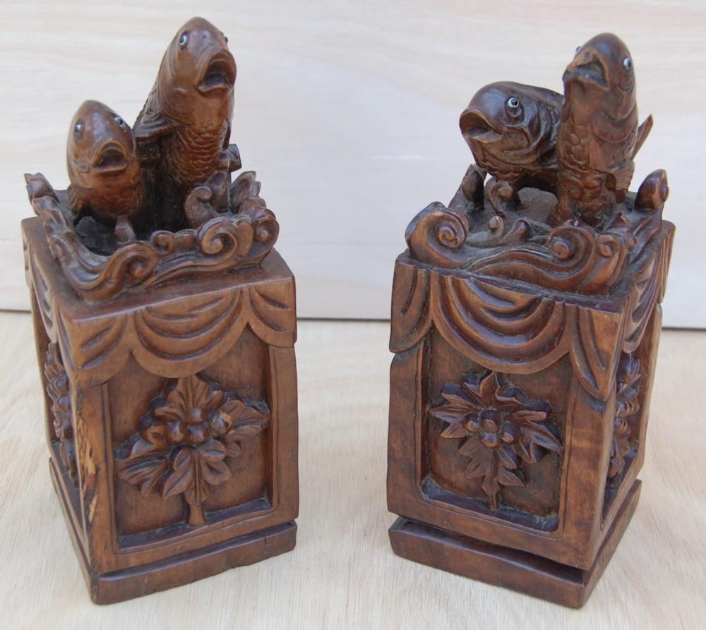2 Hand Carved Sculptured Blocks with "Lucky Carp" (1 of 6)