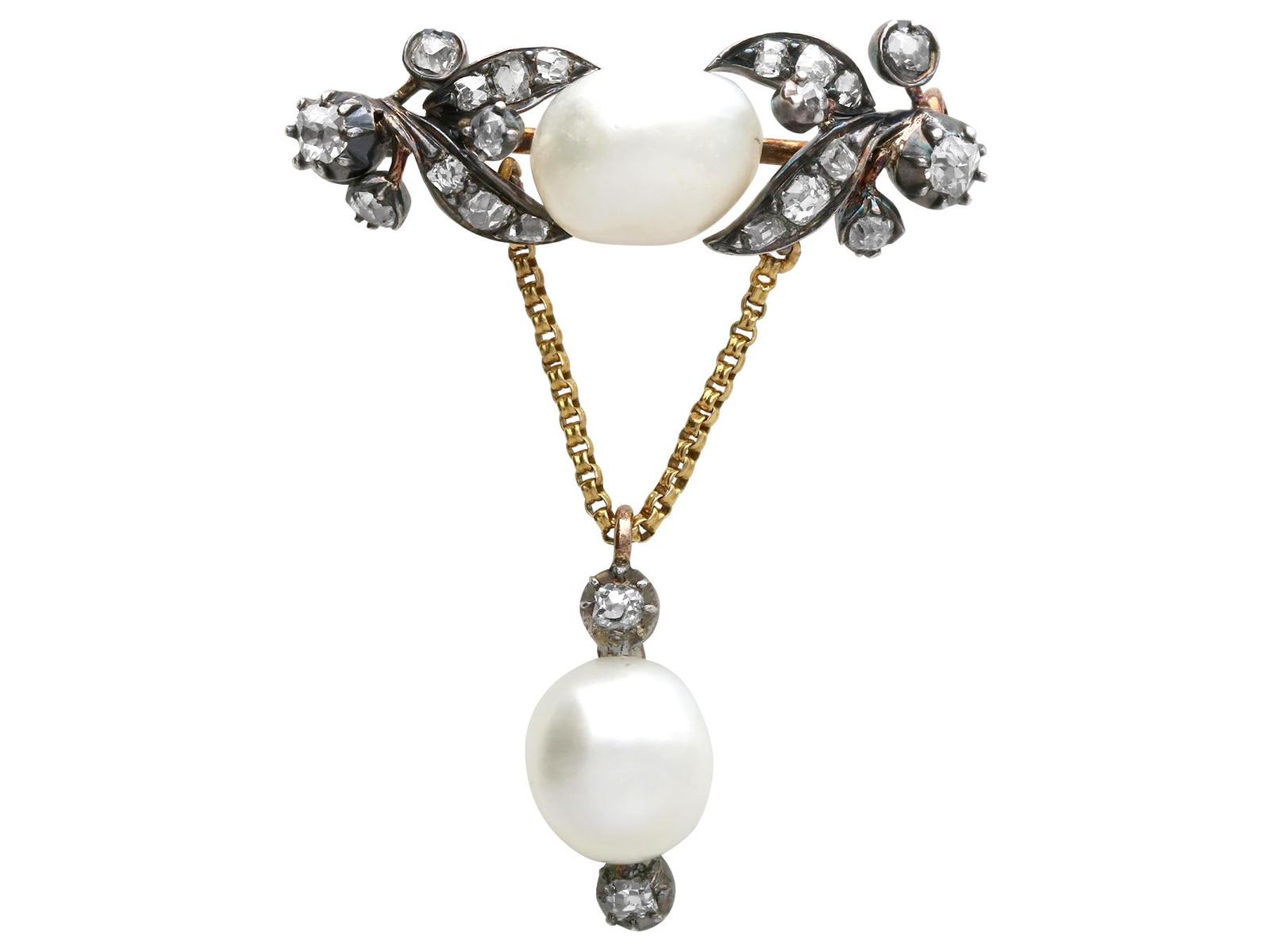 Natural Pearl and 0.90ct Diamond, 15ct Yellow Gold & Silver Set Brooch - Antique c.1860 (1 of 9)