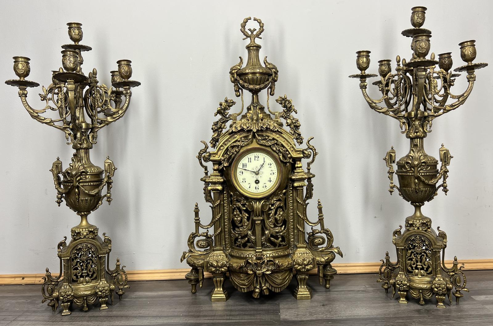 Clock Antique French Brass Mantel Set with Twin Candelabra (1 of 24)