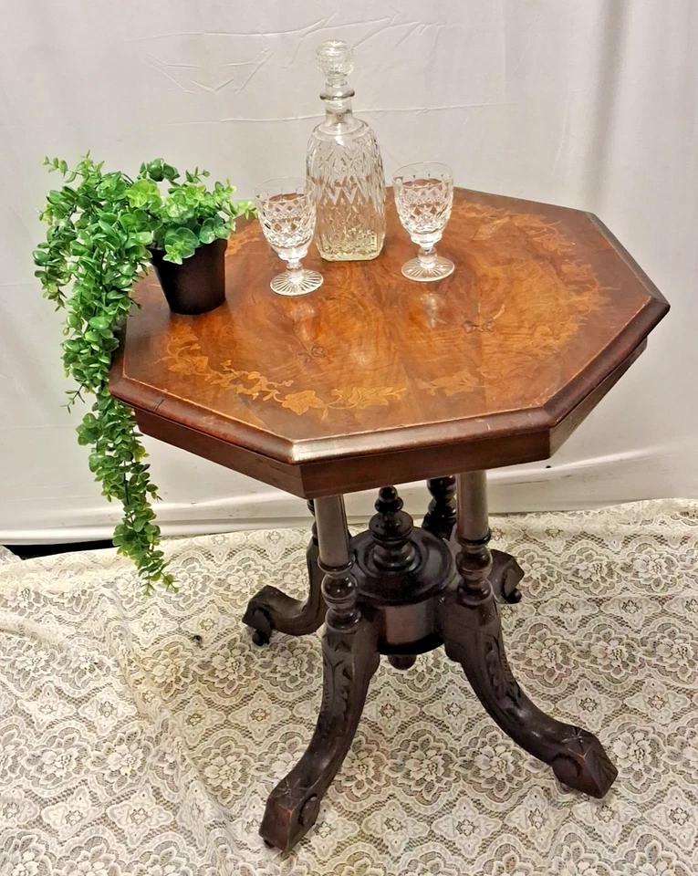 Antique Octagonal Table With Leaf Inlay And Leaf Carving (1 of 11)