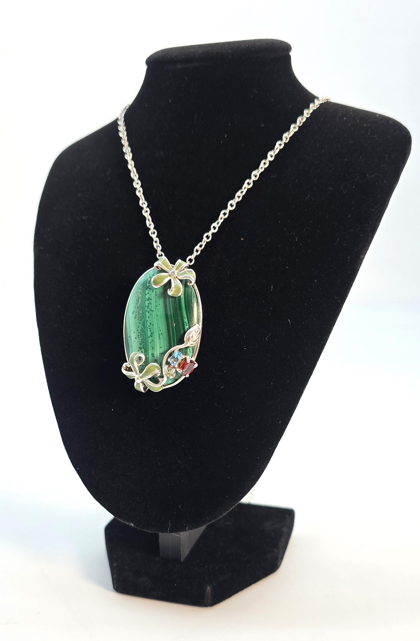 Malachite Silver & Enamel Pendant & Necklace c.1950 (1 of 12)