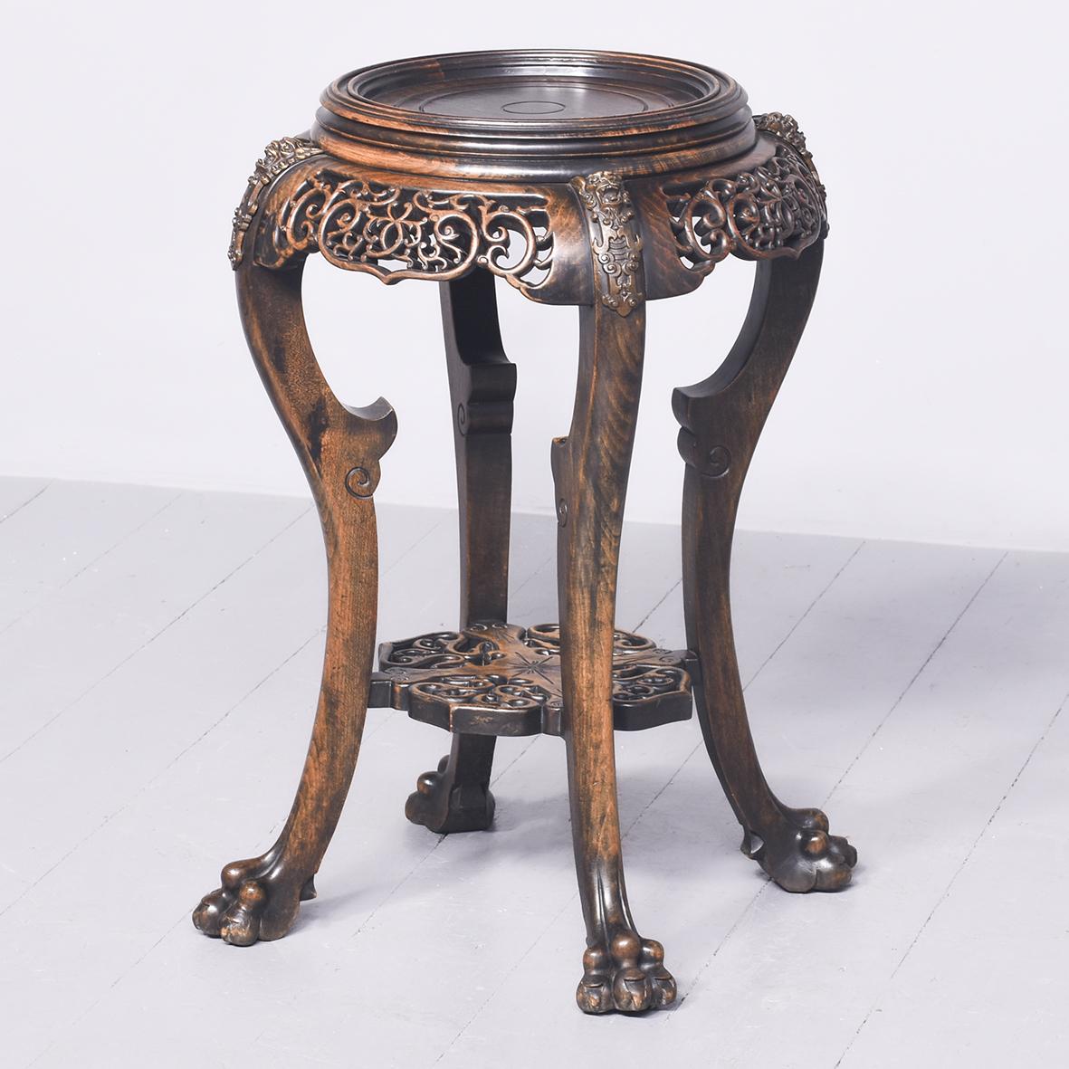 Carved Hardwood Chinese Jardiniere Stand with Brass Mounts (1 of 8)