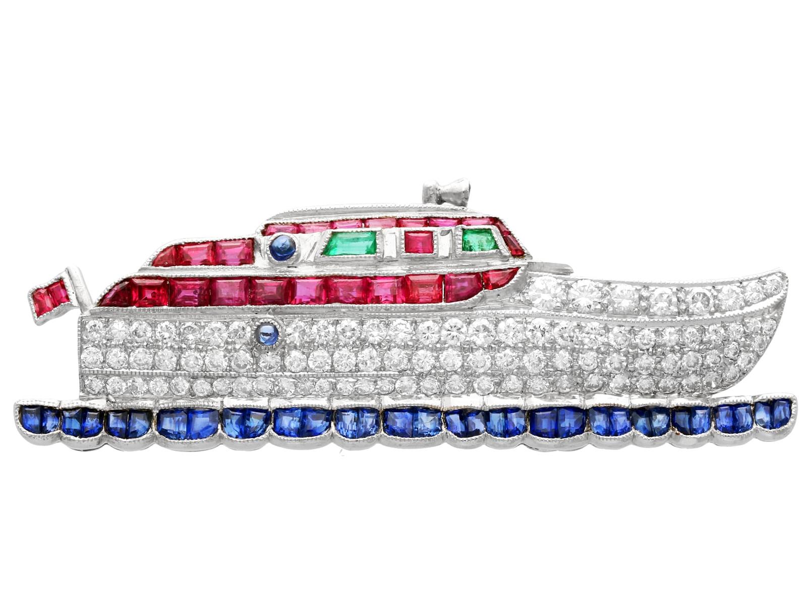 2.35 ct Diamond, Vintage 0.75ct Sapphire, 0.58ct Ruby & Emerald, 18ct Yellow Gold Boat Brooch c.1970 (1 of 9)
