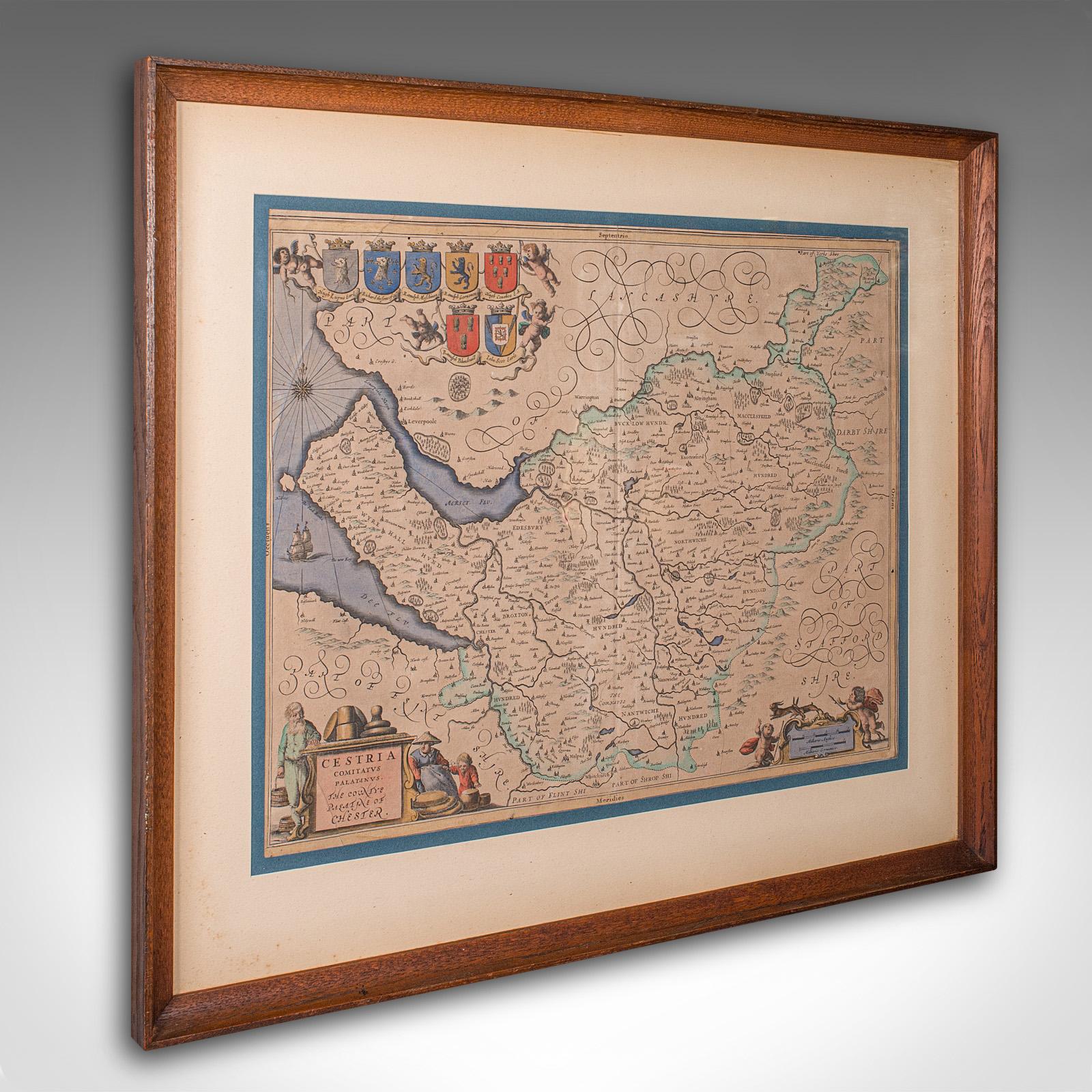 Antique County Map of Cheshire, Dutch, Framed, Cartography, Janssonius c.1660 (1 of 12)