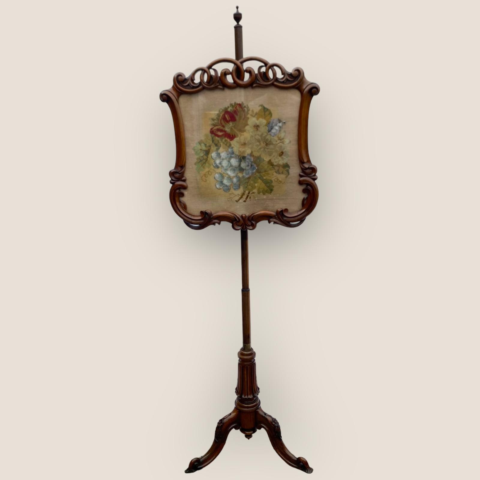 Antique English Victorian Rosewood Floral Tapestry Pole Fire Screen Tripod Base (1 of 8)