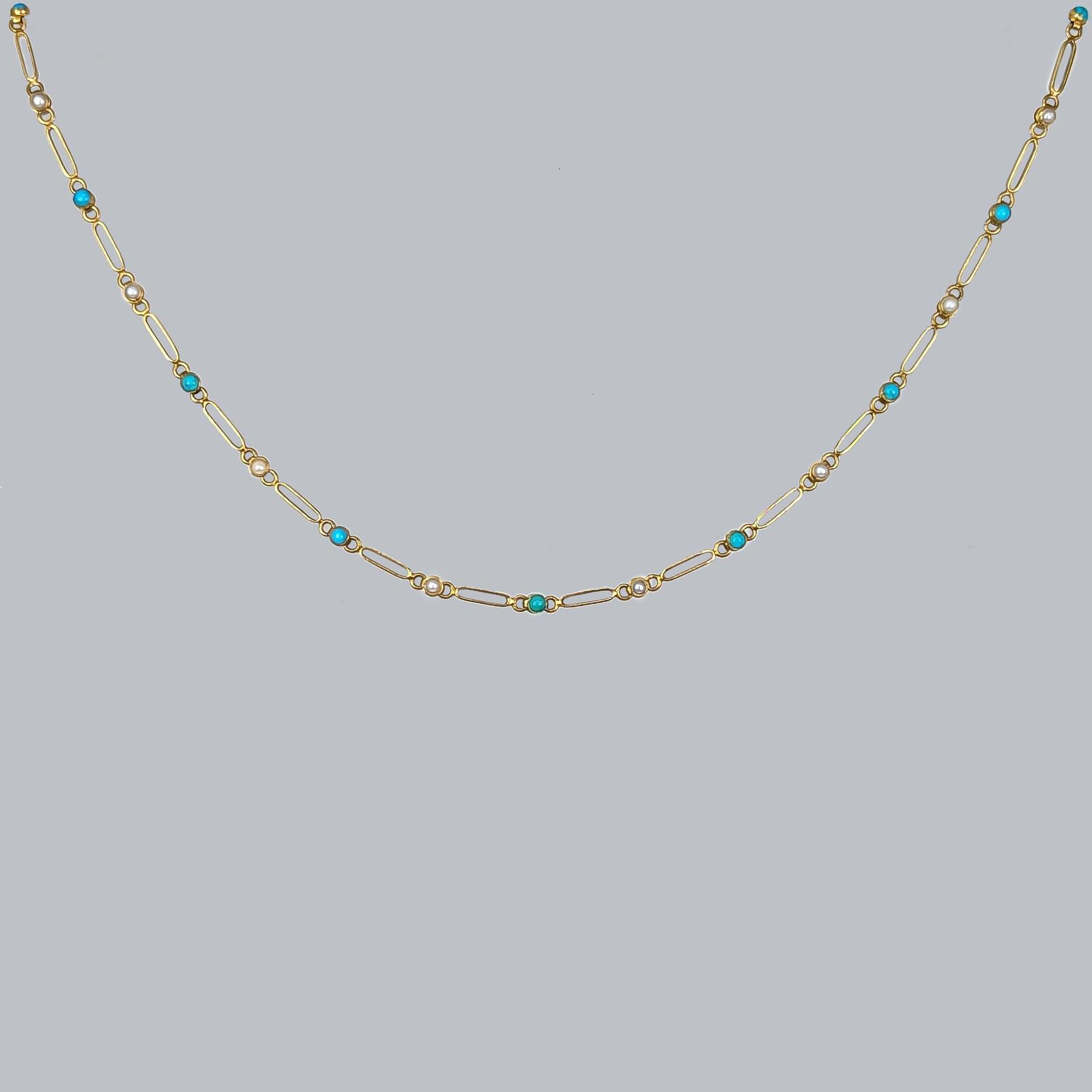 Victorian Turquoise and Pearl Necklace 15ct Gold Oblong Link Antique Necklace (1 of 6)
