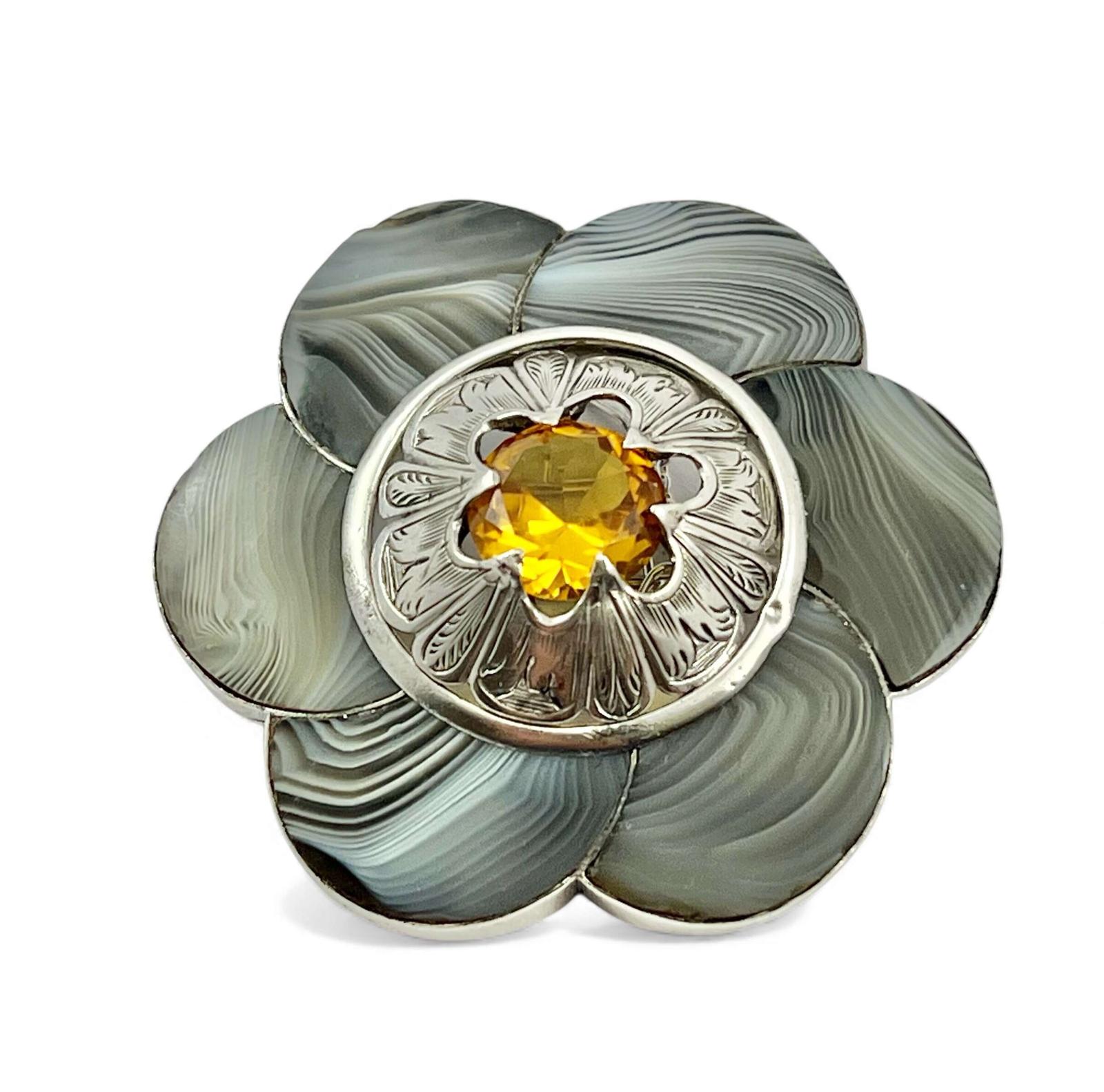 Victorian Silver Montrose Agate & Citrine Brooch c.1880 (1 of 4)