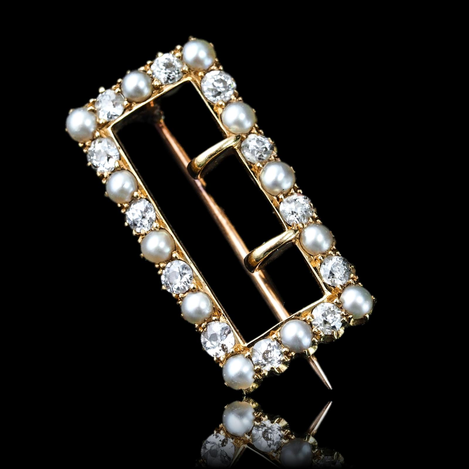 Antique Victorian Diamond Pearl Brooch/pendant Buckle Shape 18K Gold - c.1890 (1 of 16)