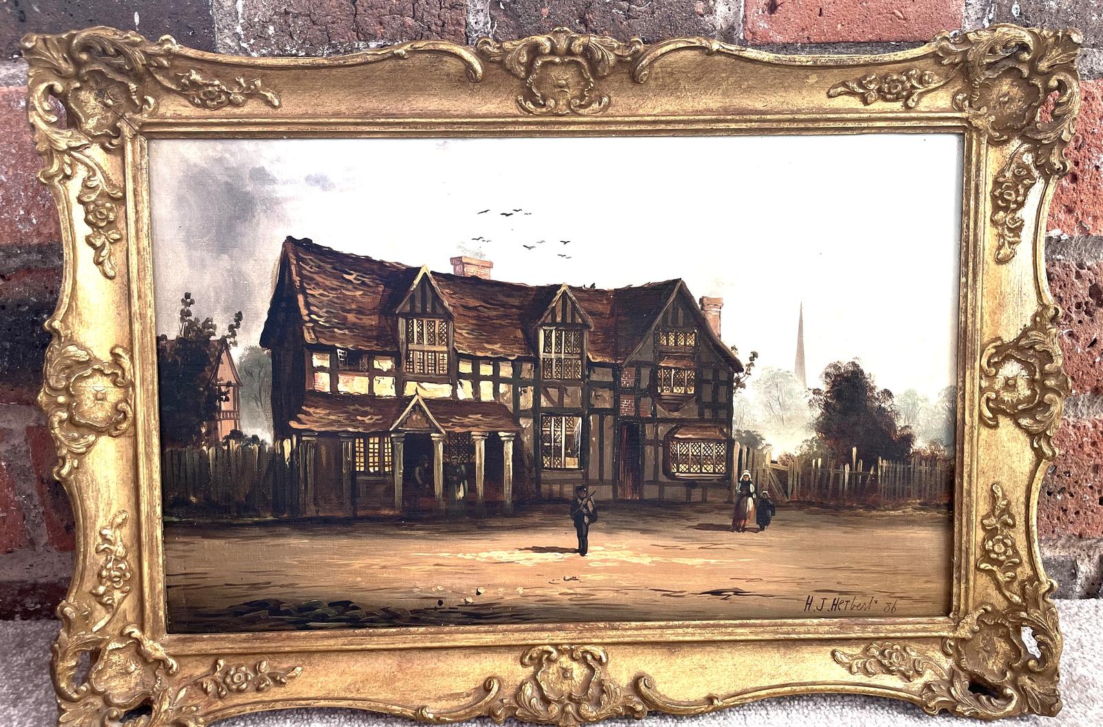 Gilt Framed Oil on Canvas Painting of Tudor Building - Signed by Artist H.J. Herbert (1 of 2) Gilt Framed Oil on Canvas Painting of Tudor Building - Signed by Artist H.J. Herbert (1 of 2)