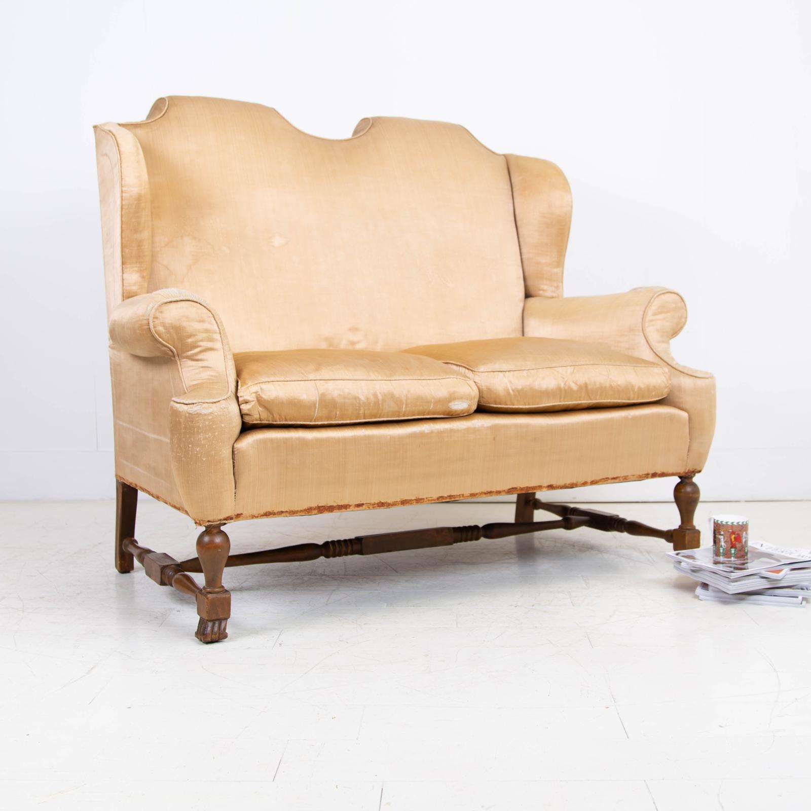 Handsome Queen Anne Revival Sofa in Old Gold Silk C1920 (1 of 16)