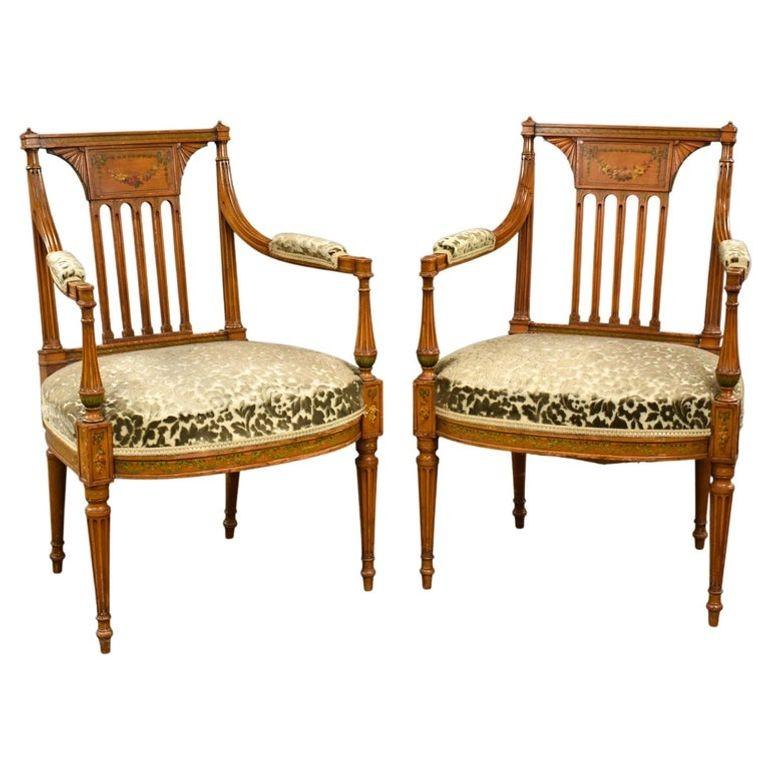 Pair of Early 20th Century English Edwardian Hand Painted Satinwood Armchairs (1 of 15)