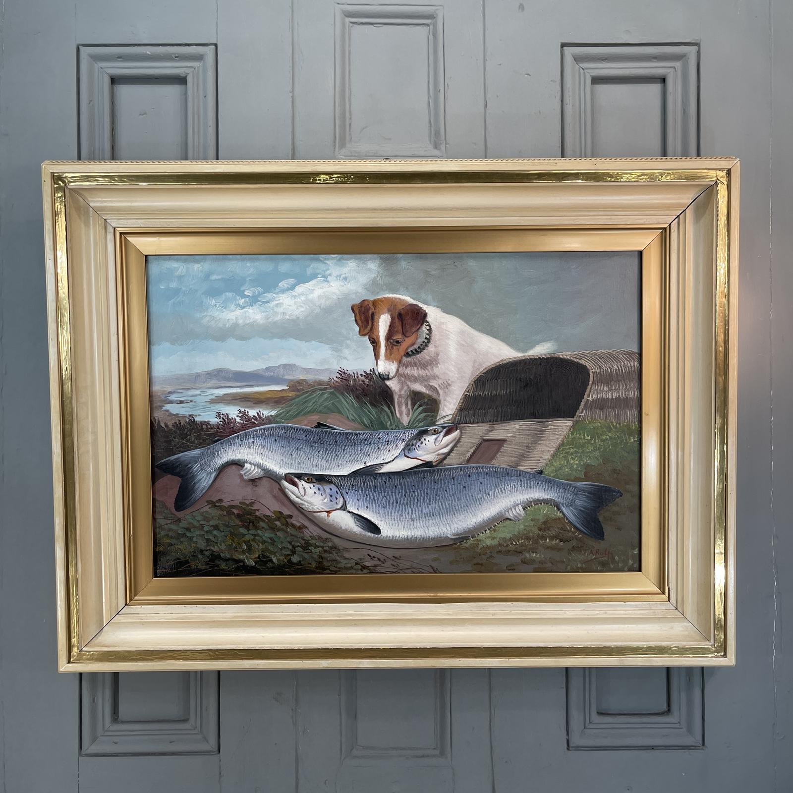 Large Antique Scottish Oil Painting Study of Jack Russell with Brace of Salmon Signed JA Rolf (1 of 10)
