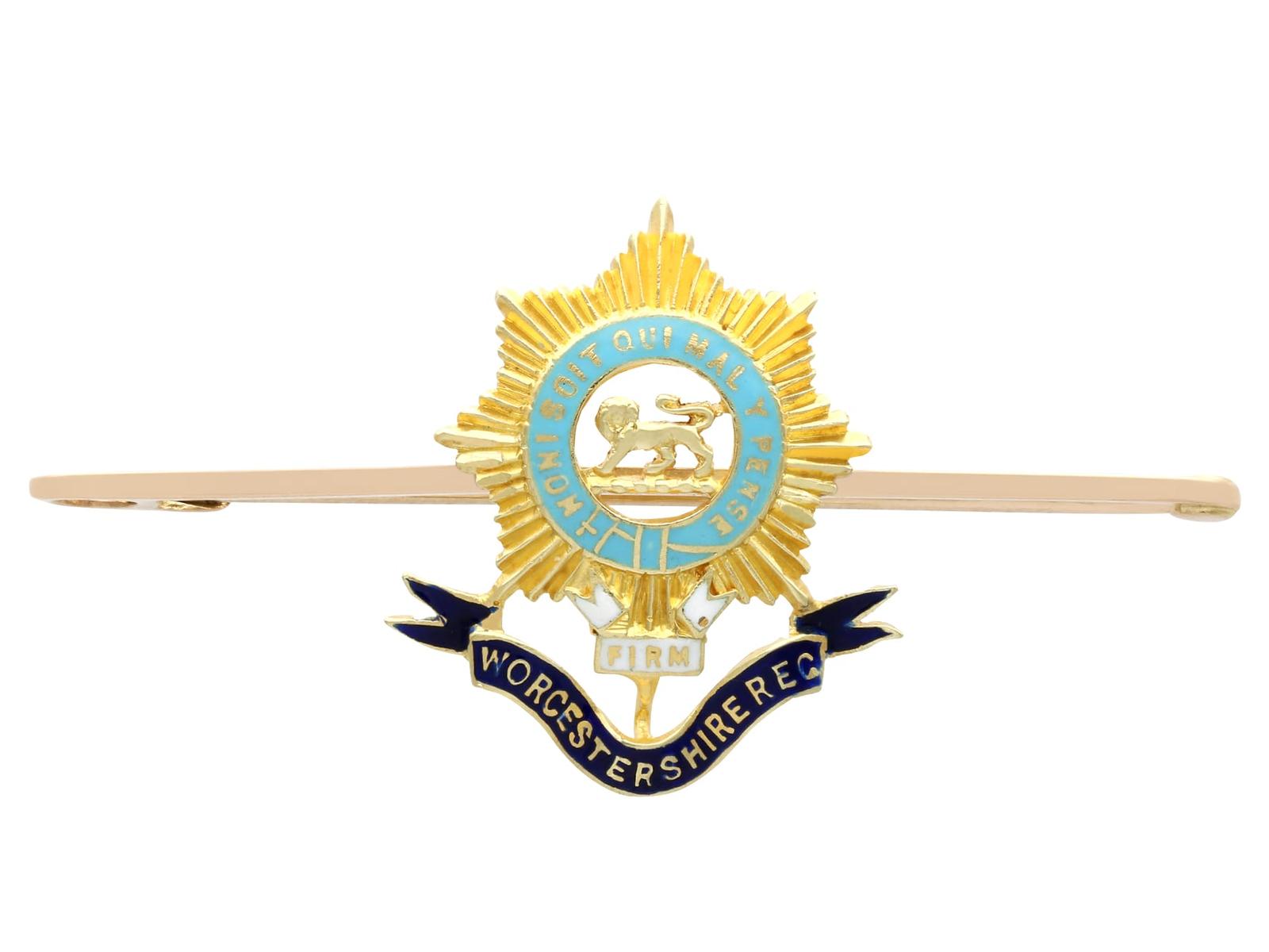Antique 15ct Yellow Gold & Enamel, Worcestershire Regiment Bar Brooch c.1915 (1 of 9)