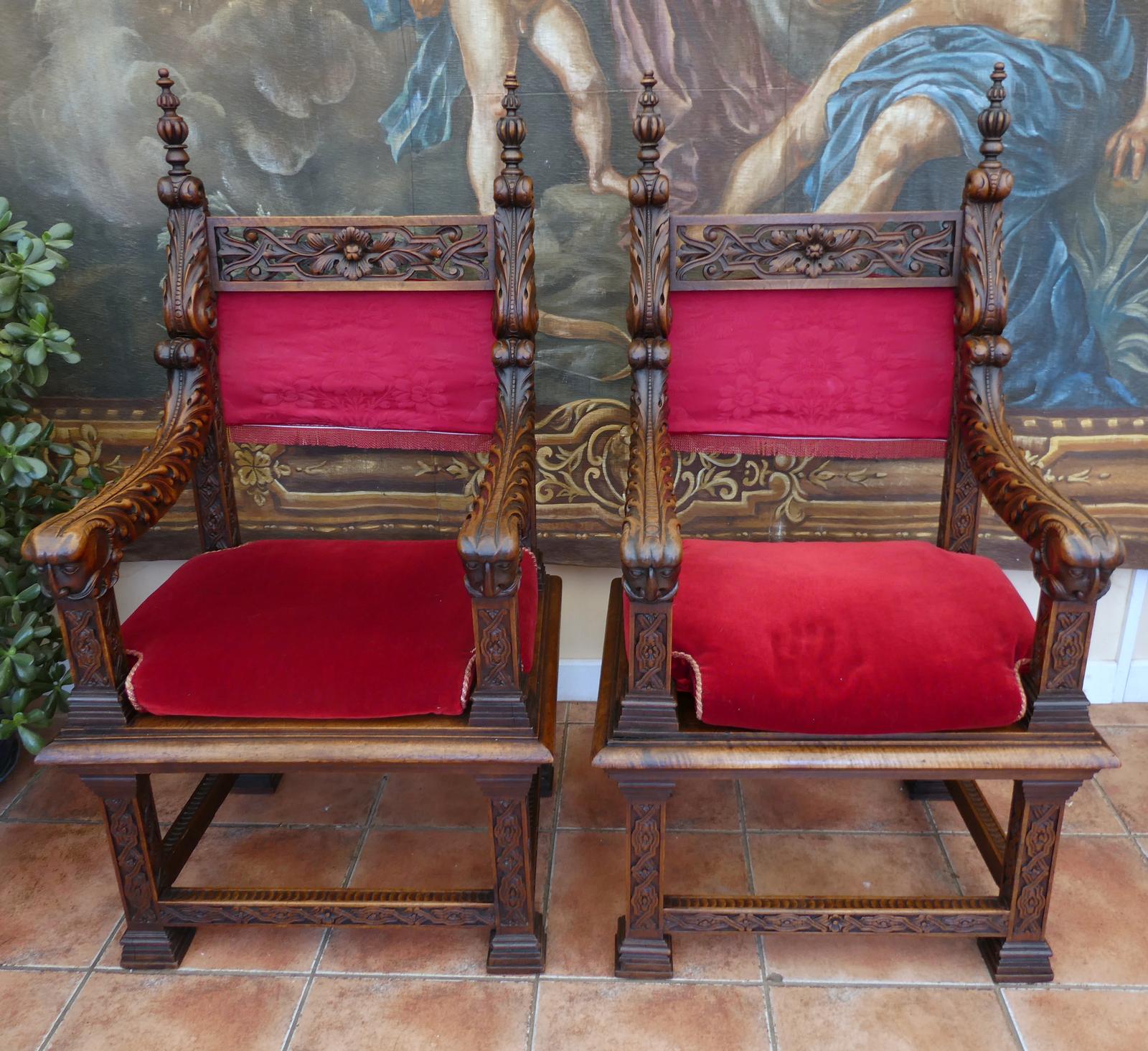 2 Throne Chairs Country Oak Carved Primitive Faces (1 of 21) 2 Throne Chairs Country Oak Carved Primitive Faces (1 of 21)