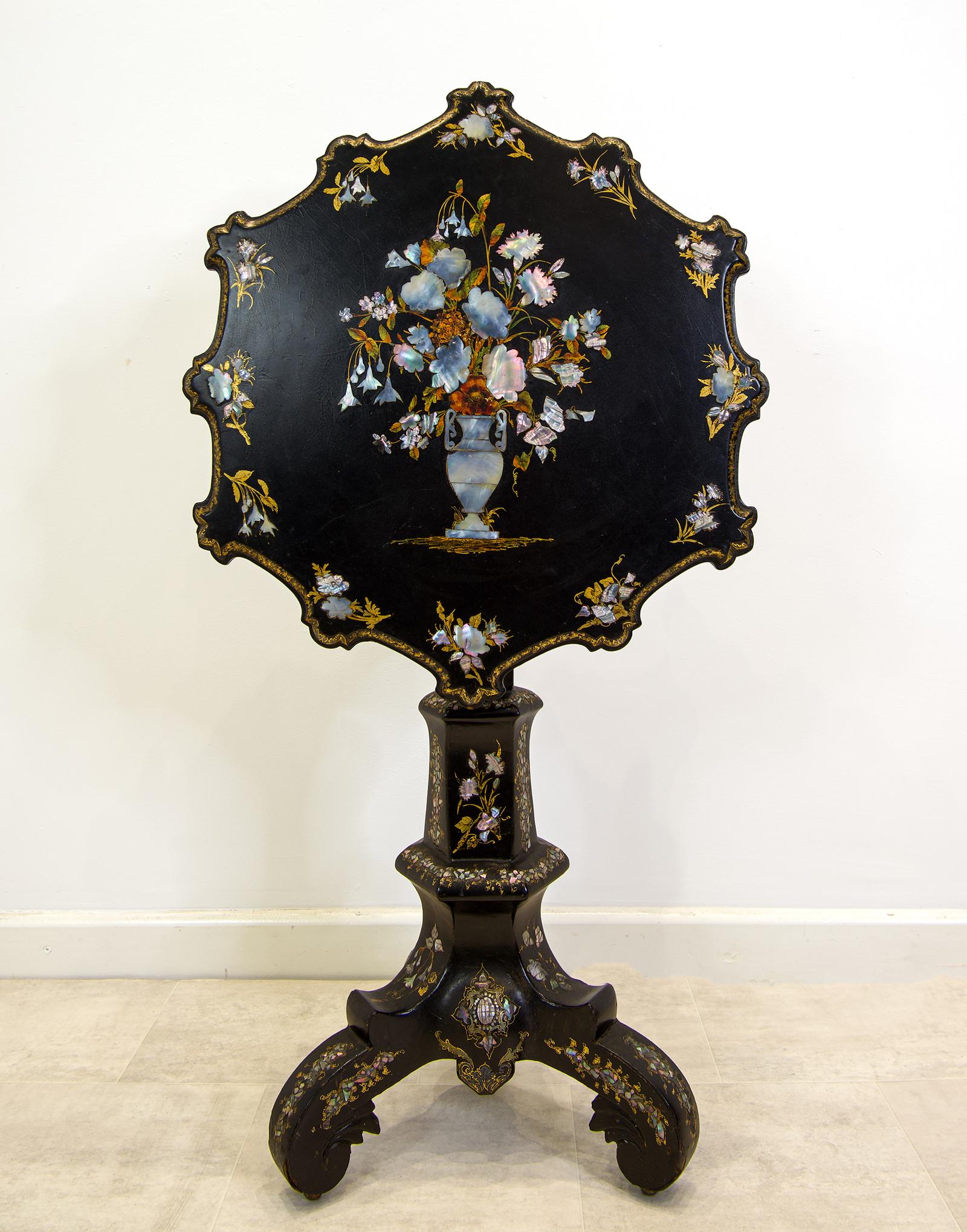 Antique Ebonised & Mother Of Pearl Inlaid Tilt Top Table C.1860 (1 of 9)