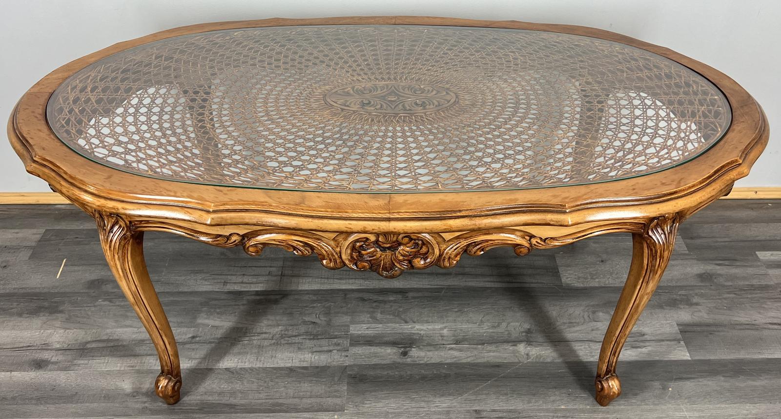 Coffee Table Oval Vintage French Style Glass Top Ornate Cane LOT 3945 (1 of 13) Coffee Table Oval Vintage French Style Glass Top Ornate Cane LOT 3945 (1 of 13)