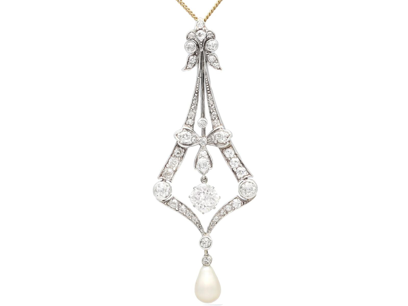 Antique Natural Saltwater Pearl & 3.99ct Diamond, 18ct Yellow Gold Pendant c.1900 (1 of 15)