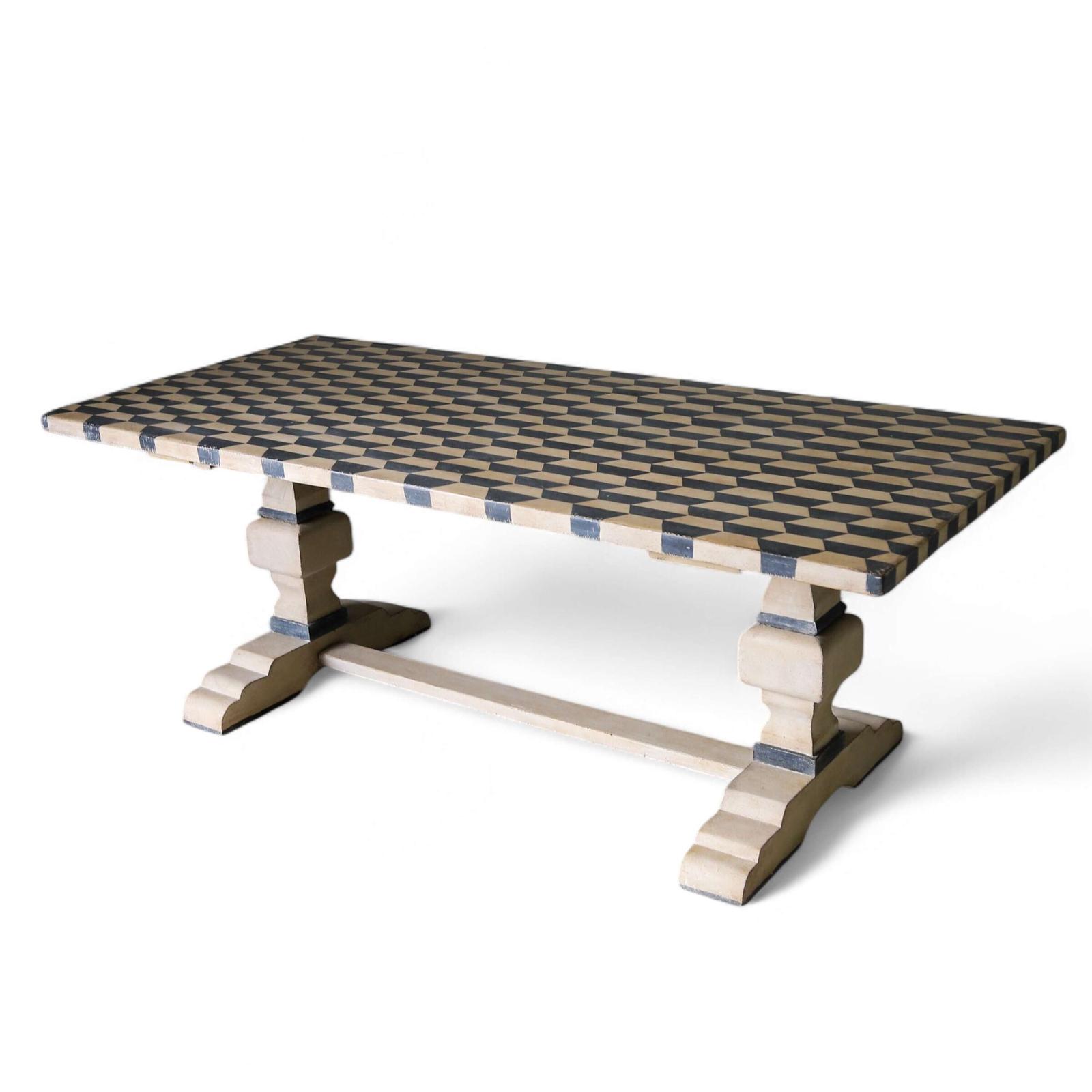 French Mid 20th Century Refectory Farmhouse Style Table - later Geometric Painted Finish (1 of 17)