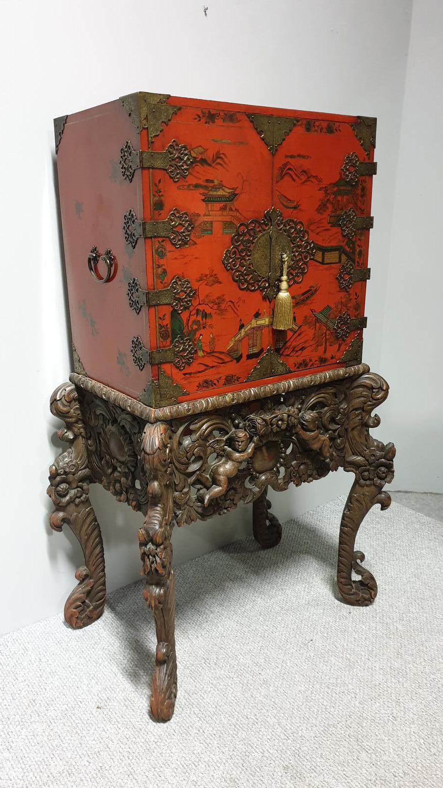 Antique Chinoiserie Red Lacquer Cabinet on  Stand Fitted Interior c.1900 (1 of 1)