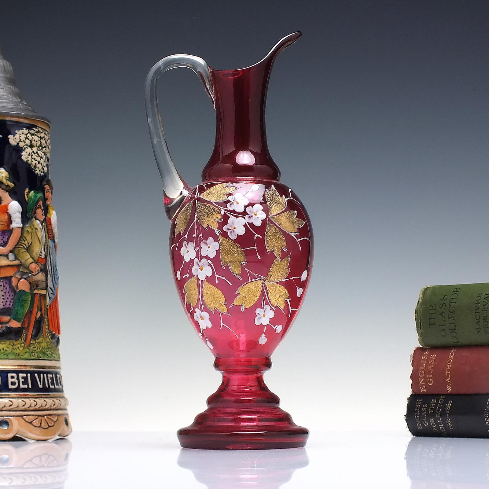 19th Century Bohemian Enamelled Cranberry Glass Amphora Glass Jug C1900 (1 of 6)