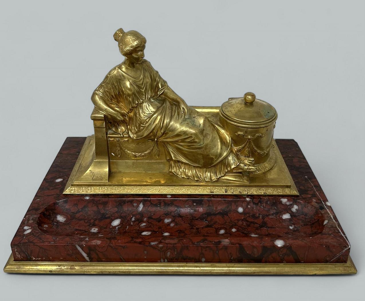 Antique German Bronze Desk Set Inkstand Rosso Antico Marble Ormolu Burgstaller (1 of 9)