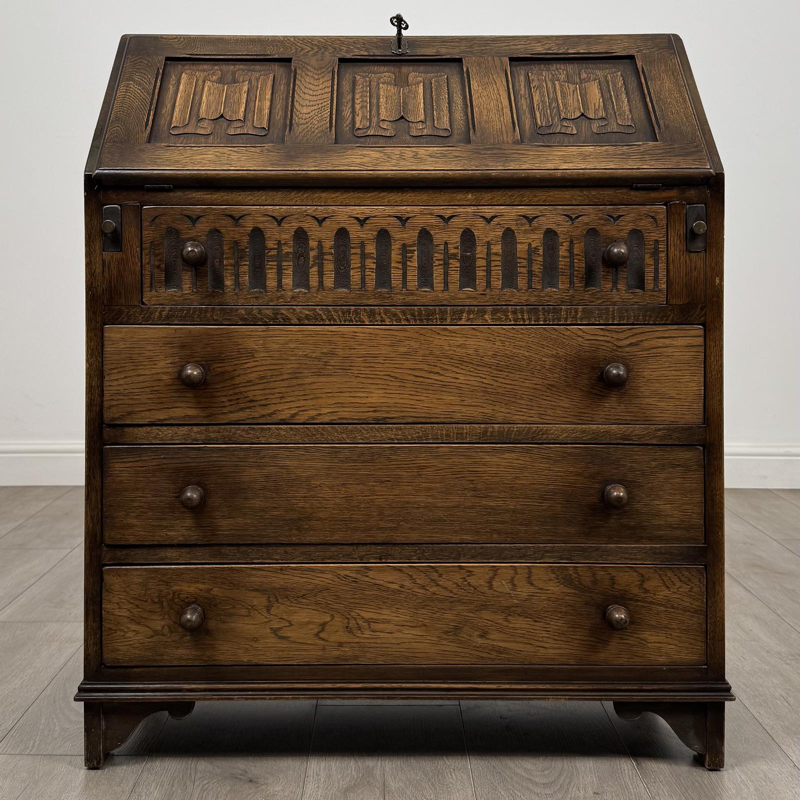 Antique 20th Century Carved Linenfold Bureau in Oak (1 of 13) Antique 20th Century Carved Linenfold Bureau in Oak (1 of 13)