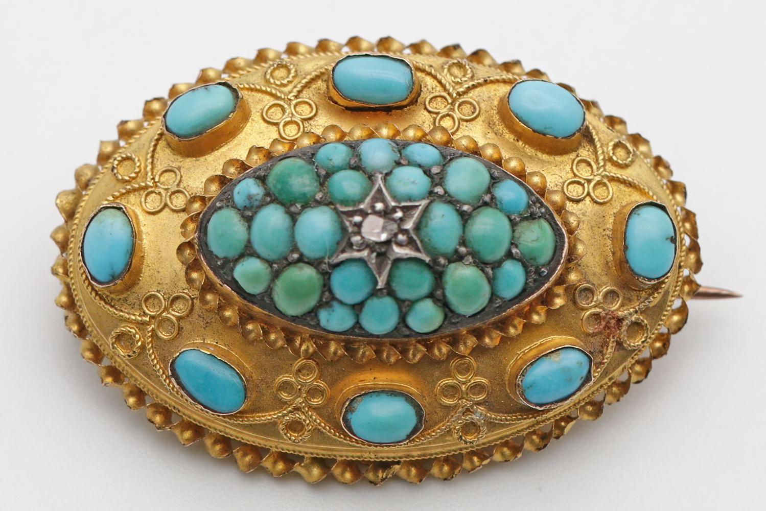 Victorian 15ct Gold Brooch with Cannetille Detail, Turquoise & Diamond (1 of 3) Victorian 15ct Gold Brooch with Cannetille Detail, Turquoise & Diamond (1 of 3)