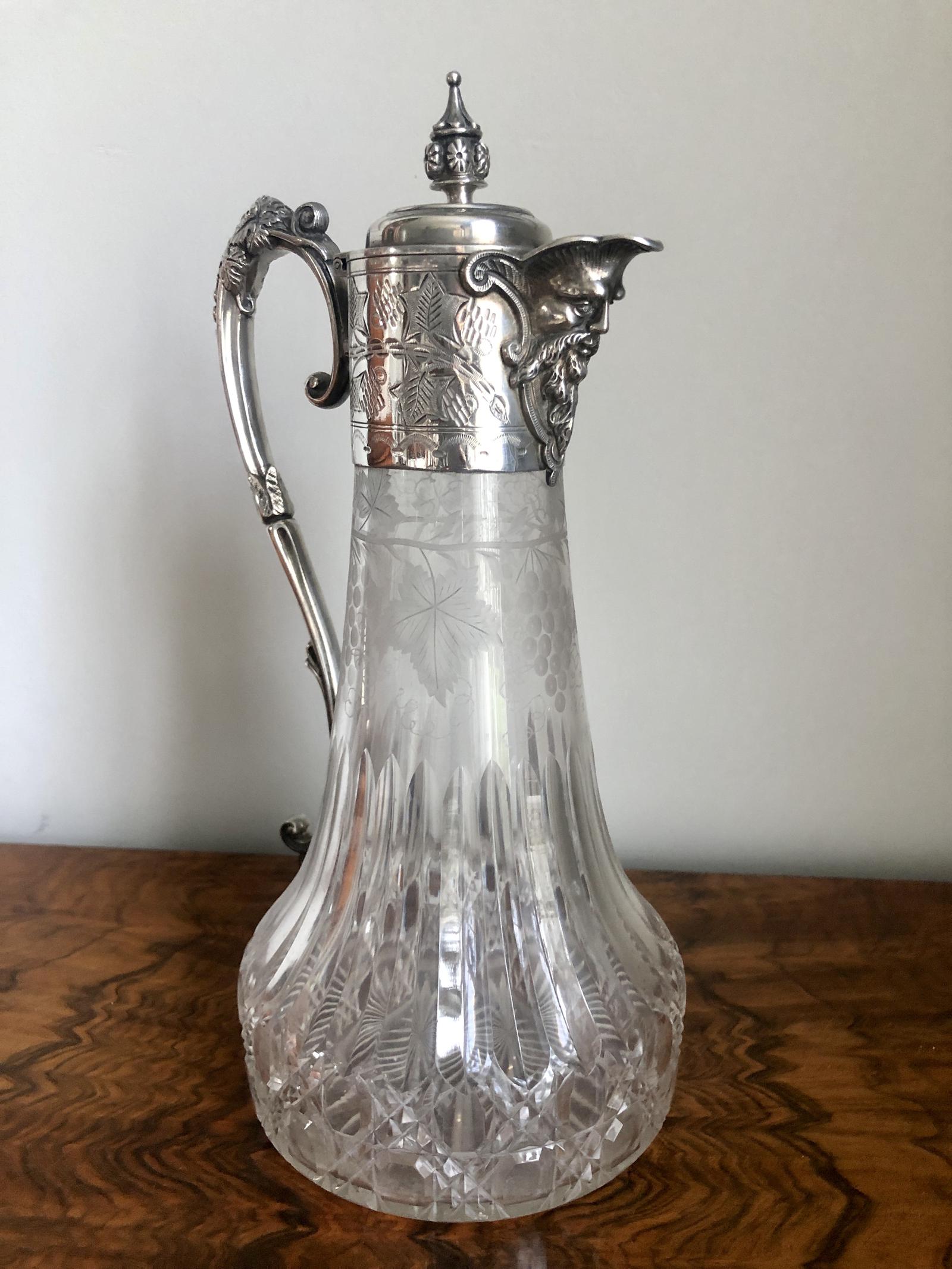 Antique Victorian Etched Glass & Silver Plated Claret Jug (1 of 9) Antique Victorian Etched Glass & Silver Plated Claret Jug (1 of 9)