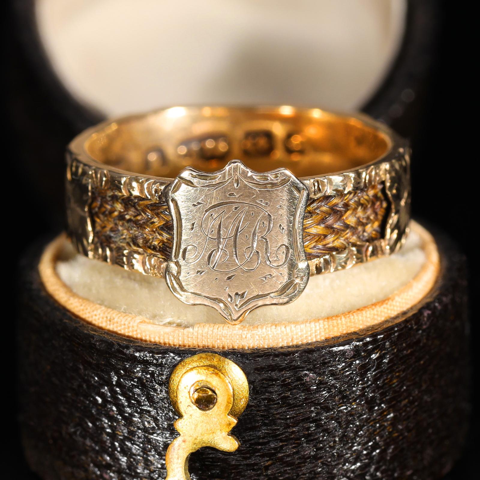The Antique Victorian 'm.r' Initials & Hairwork Mourning Ring (1 of 9)