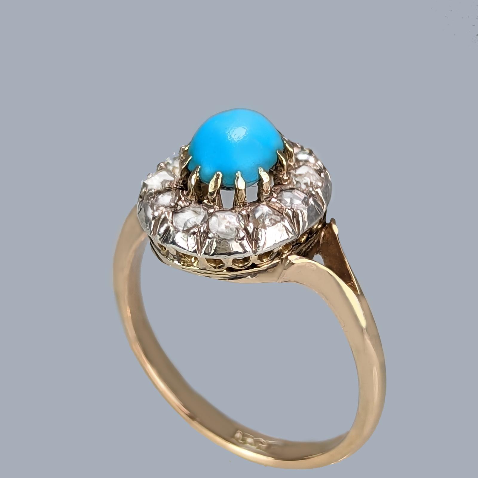 Victorian Turquoise and Rose Cut Diamond Cluster Ring 15ct Gold Antique Ring (1 of 9)