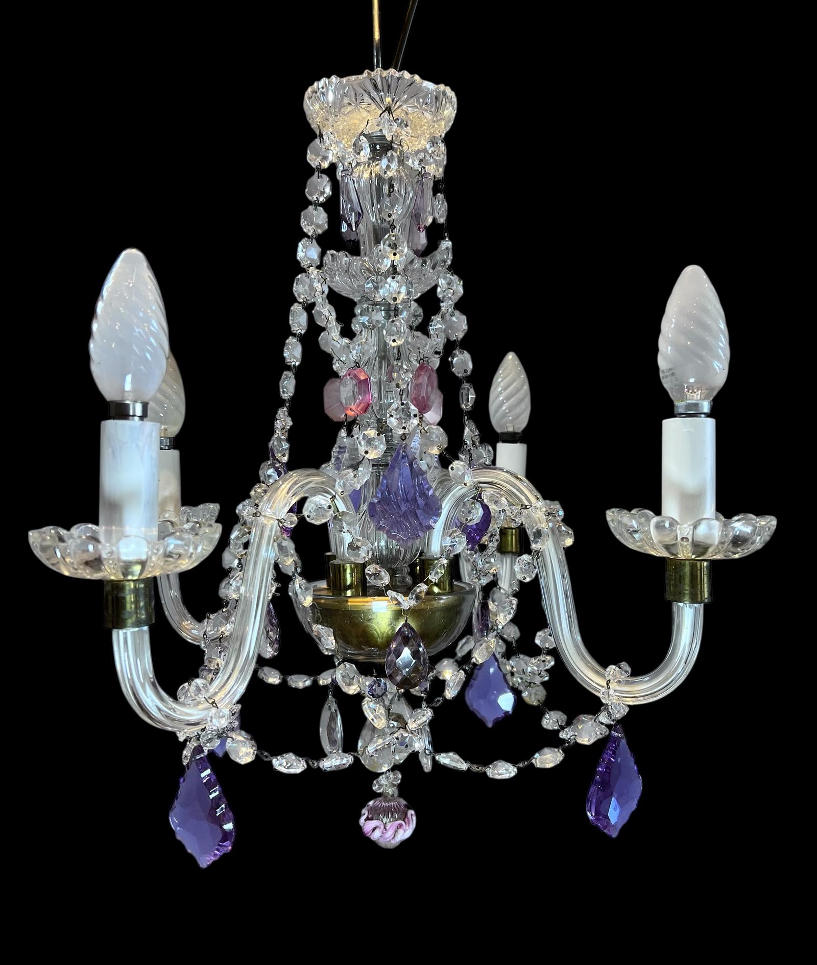 English Crystal All Glass Four Light Chandelier with Coloured Crystals (1 of 14)
