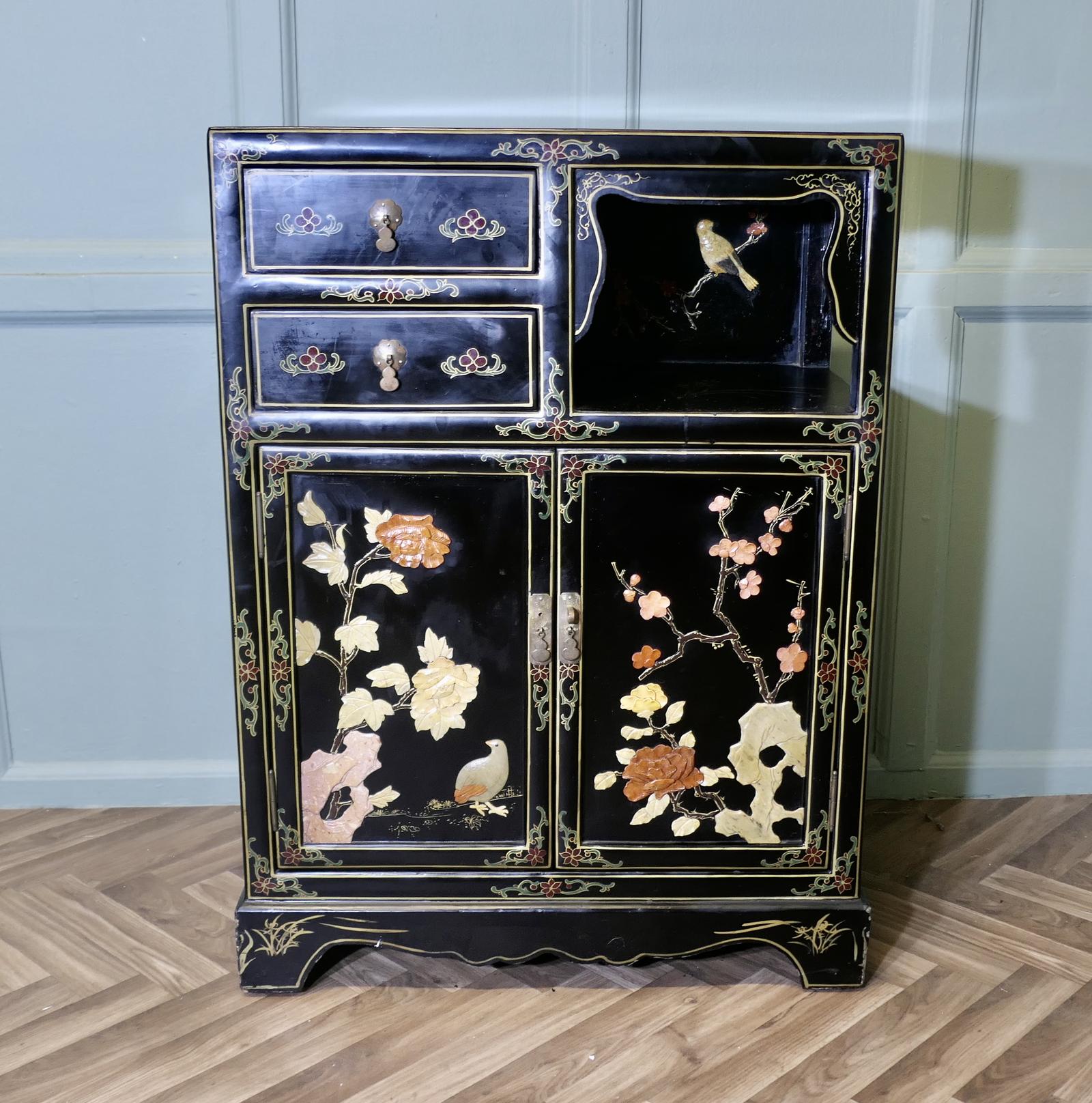 Black Chinoiserie Cupboard Decorated with Birds & Flowers (1 of 4)