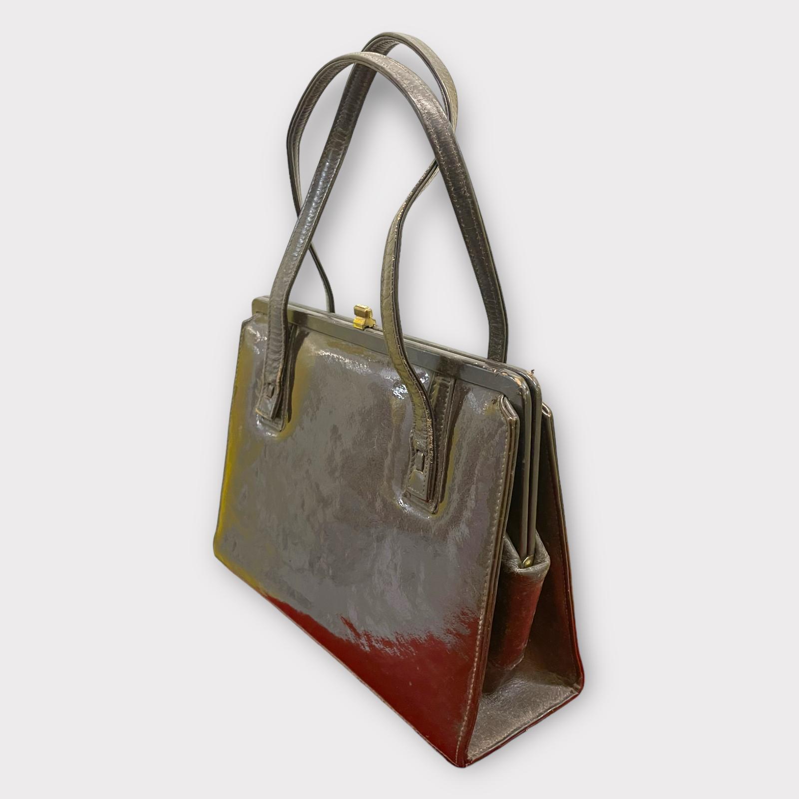 Large 1960s - 1980s Dark Brown Patent Widegate Bag (1 of 8)