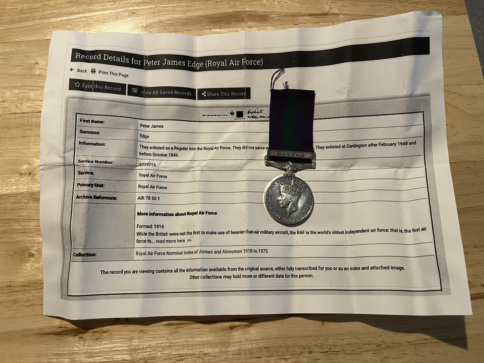 George VI Service Medal with Malaya Clasp - 4039715 - Peter James Edge R.A.F (1 of 9)