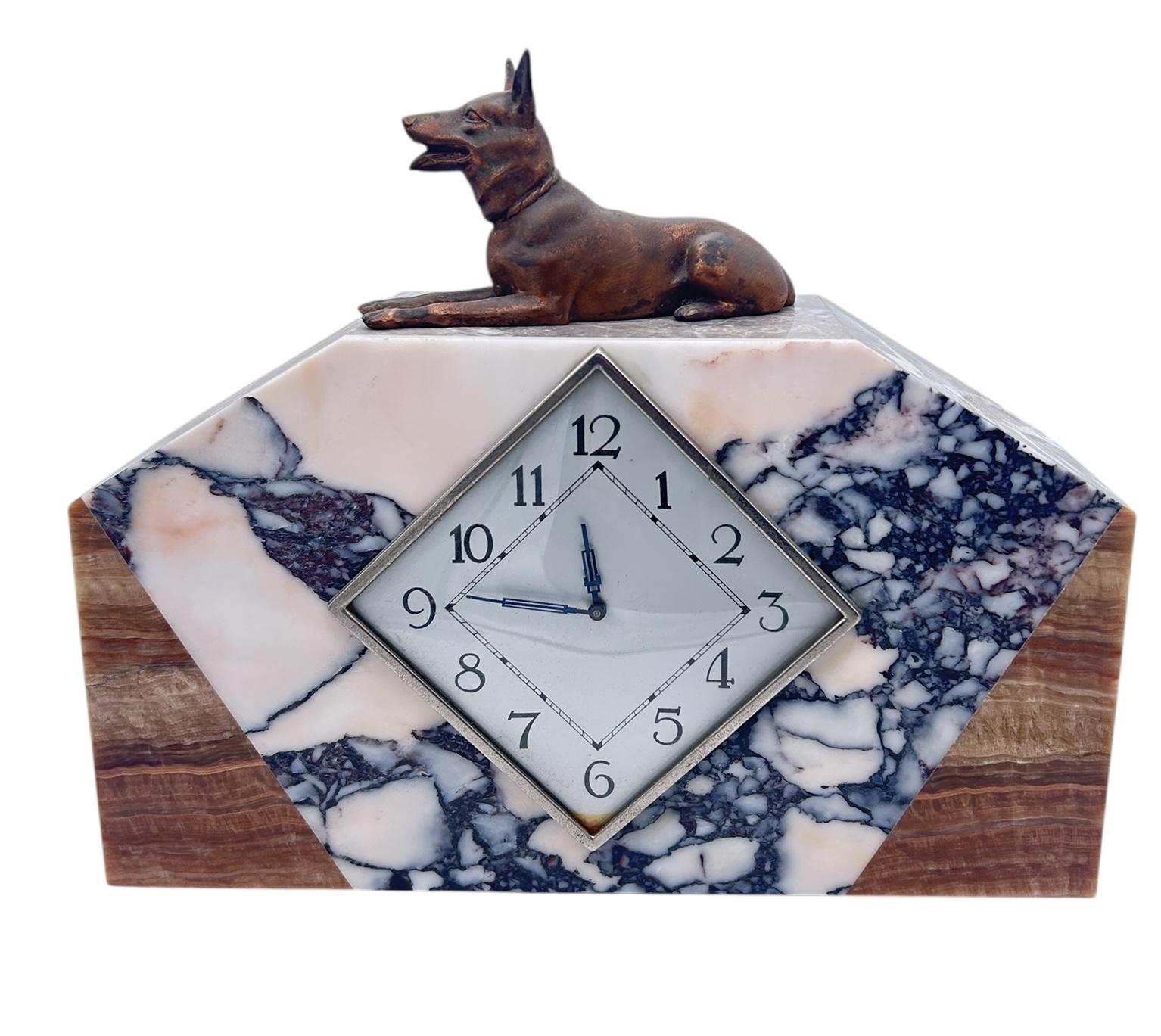 Gorgeous French Art Deco Marble & Alsatian Dog Figural Mantel Clock – Ca1940 (1 of 9) Gorgeous French Art Deco Marble & Alsatian Dog Figural Mantel Clock – Ca1940 (1 of 9)