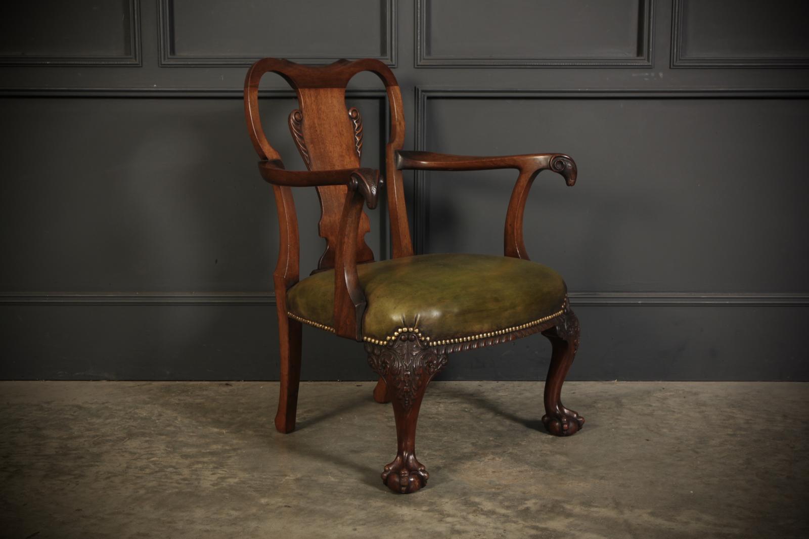 Queen Anne Style Mahogany & Green Leather Childs Armchair (1 of 12) Queen Anne Style Mahogany & Green Leather Childs Armchair (1 of 12)