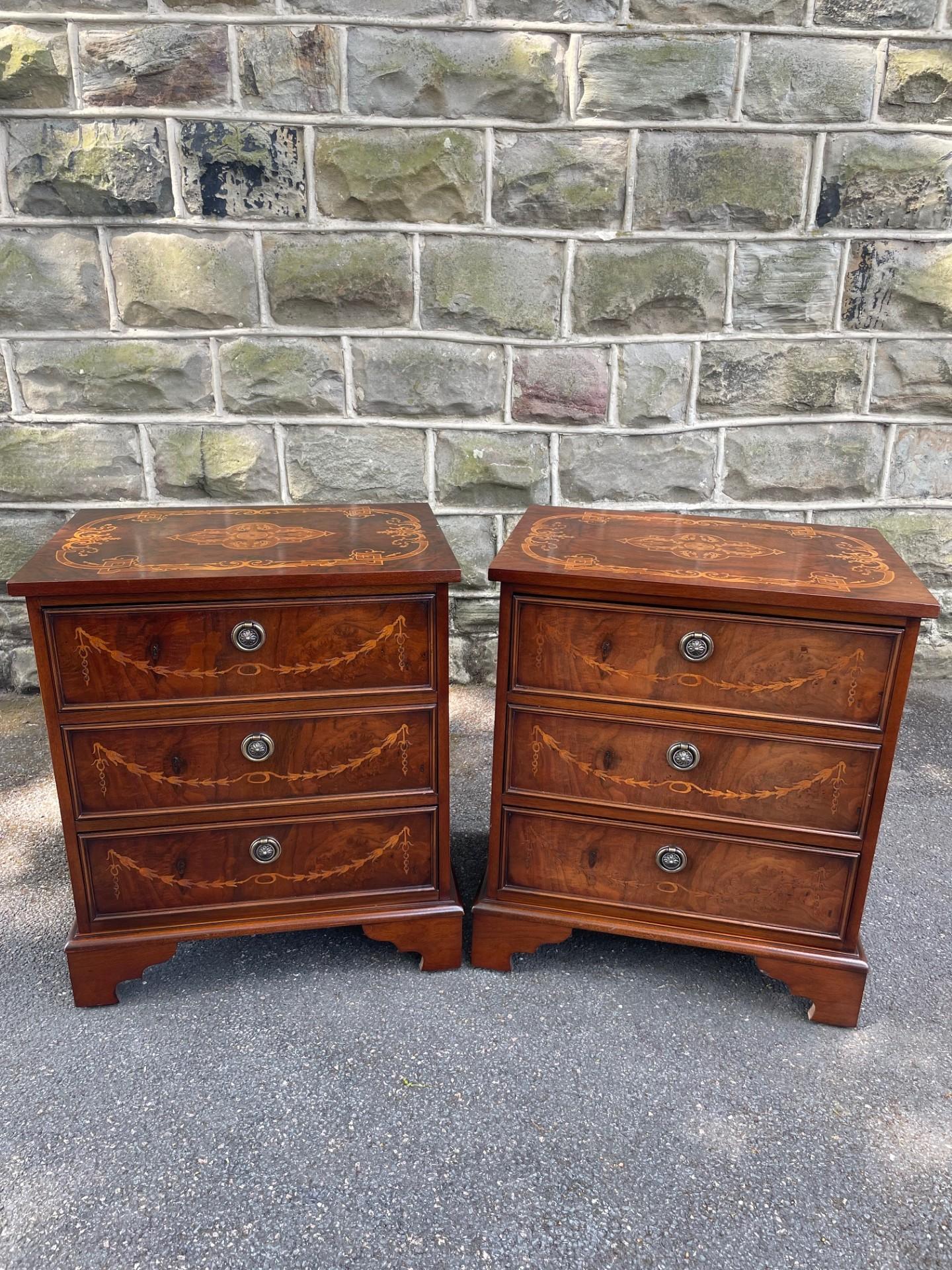 Pair of Inlaid Walnut 3 Drawer Bedside Chest of Drawers (1 of 13) Pair of Inlaid Walnut 3 Drawer Bedside Chest of Drawers (1 of 13)