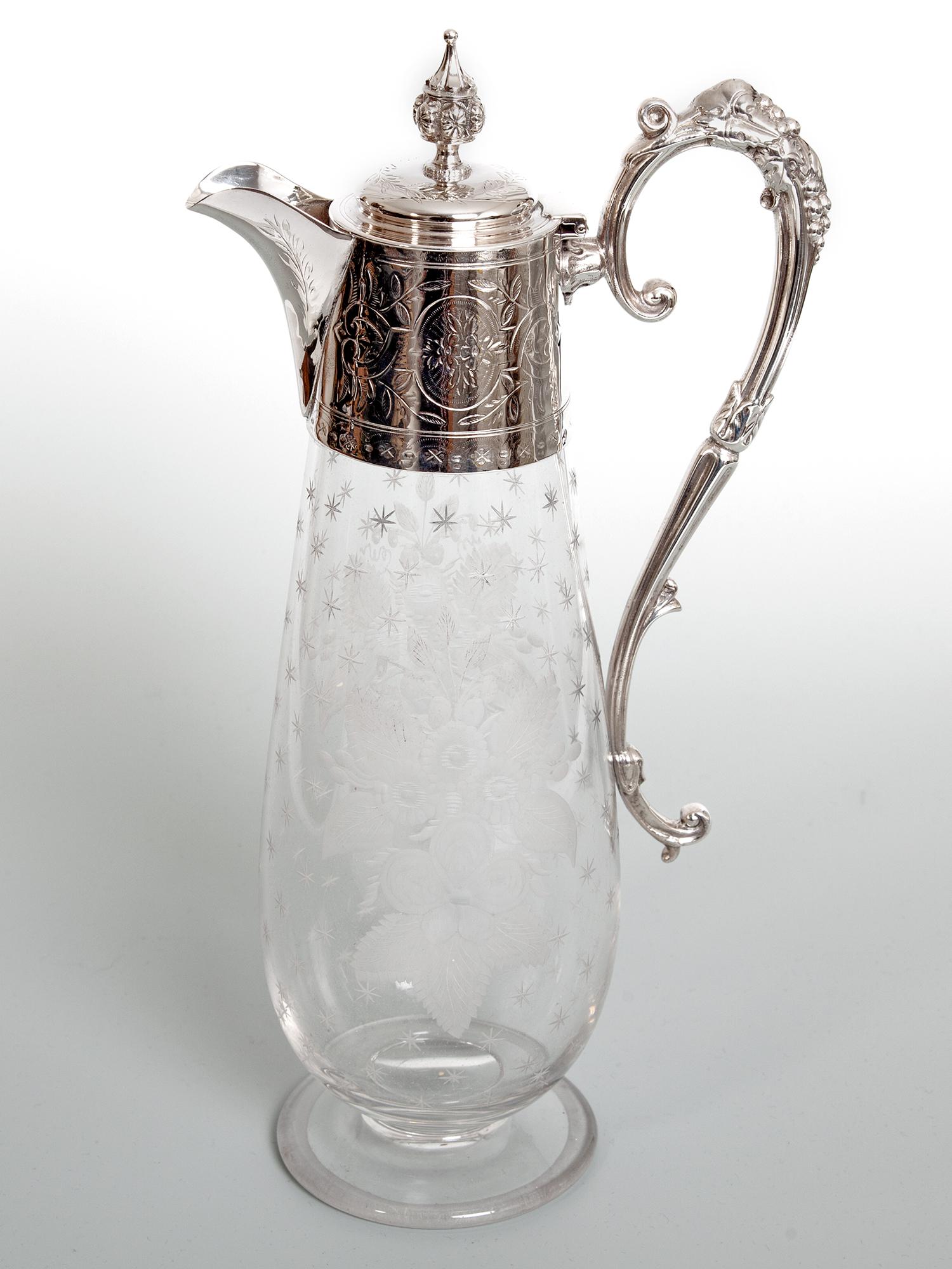 Victorian Engraved Glass Silver Plated Claret Jug with Floral Engraving and Grape and Vine Handle (1 of 3) Victorian Engraved Glass Silver Plated Claret Jug with Floral Engraving and Grape and Vine Handle (1 of 3)