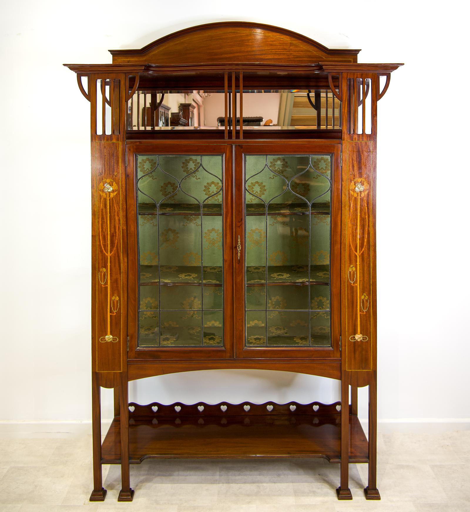 Antique Art Nouveau Mahogany Display Cabinet - Inlaid, Leaded Glass c.1900 (1 of 5)