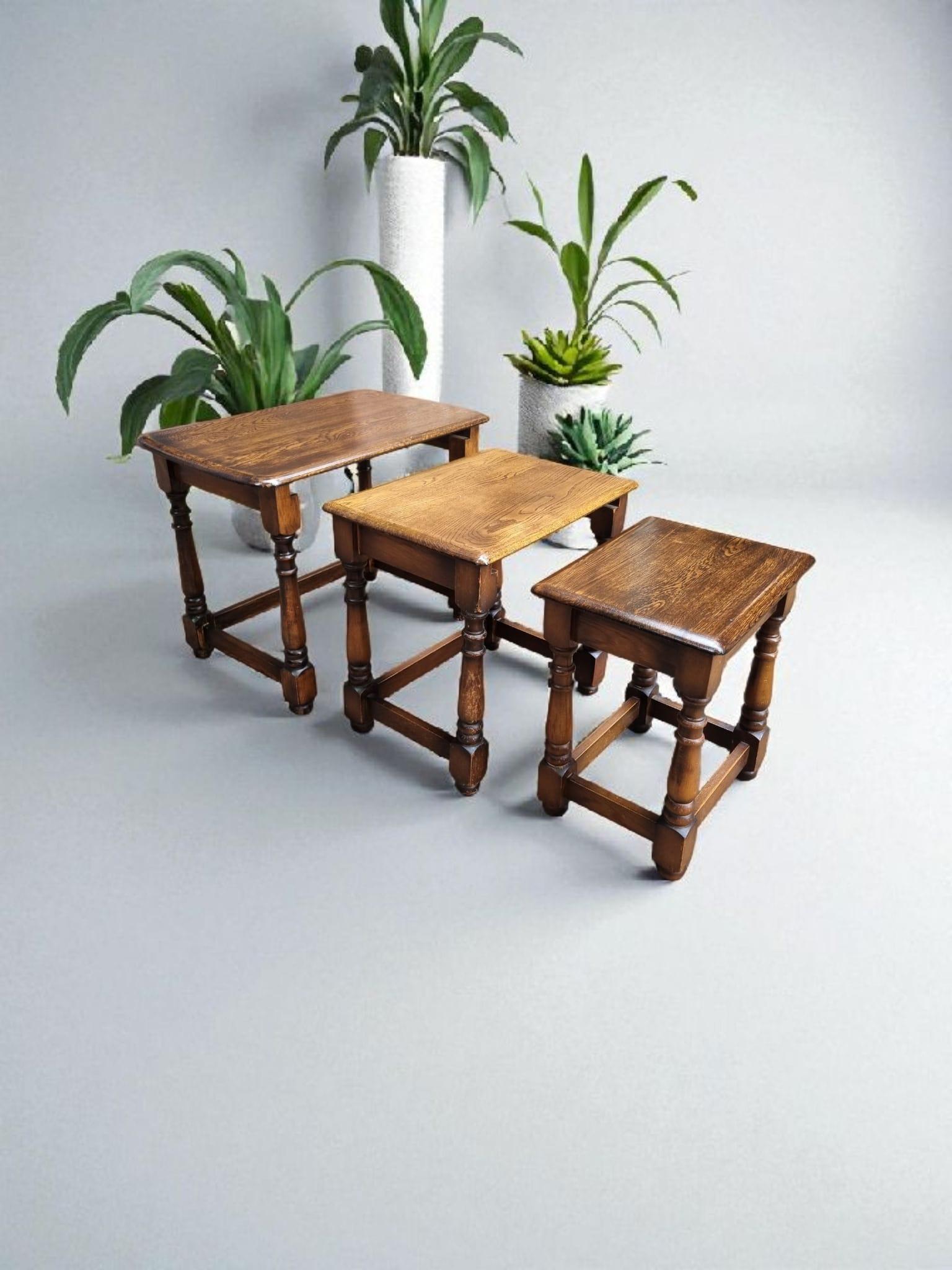 Vintage Priory Solid Oak Nest of Three Tables c.1970 (1 of 8)