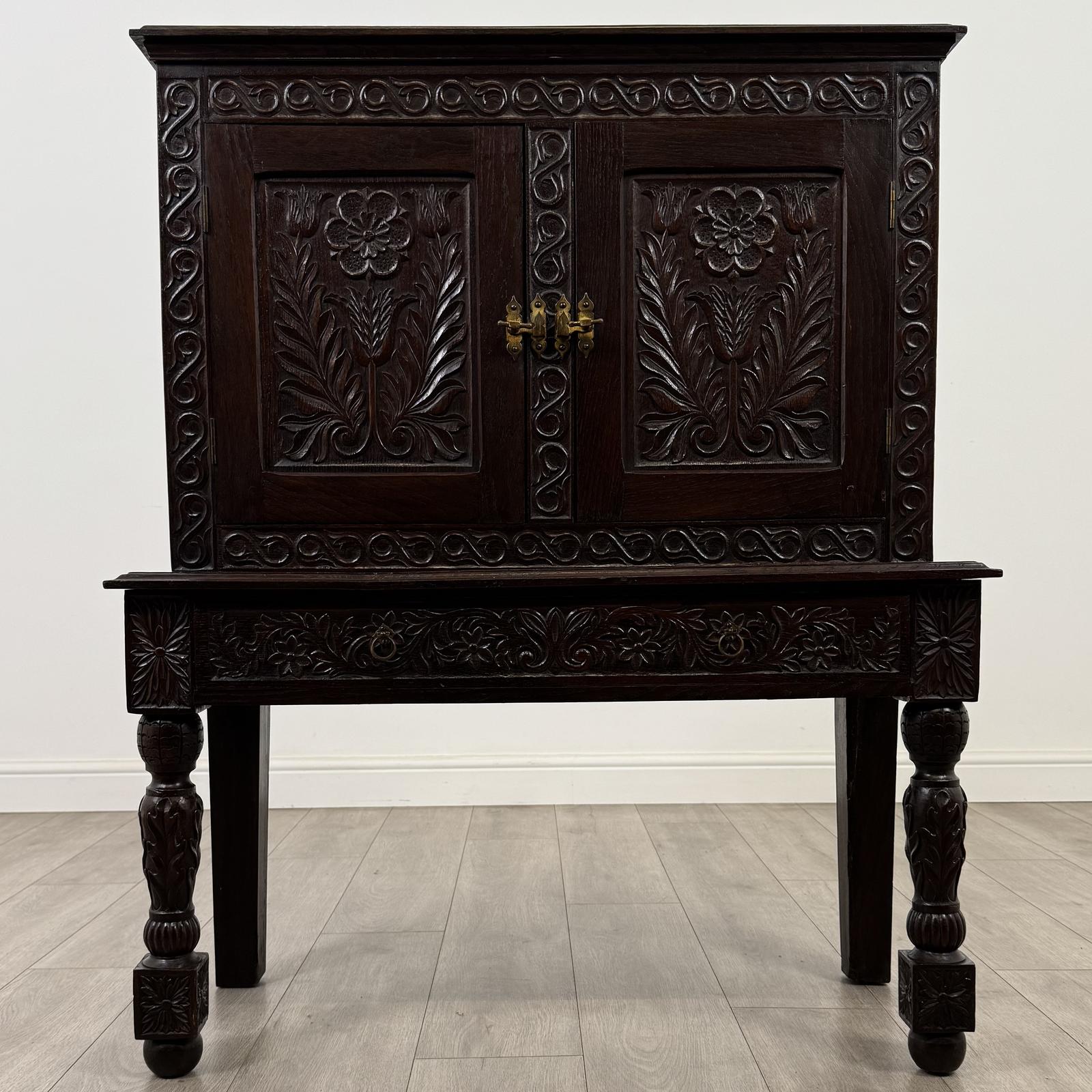 Antique 19th Century Unusually Small Carved Oak Cabinet (1 of 12)