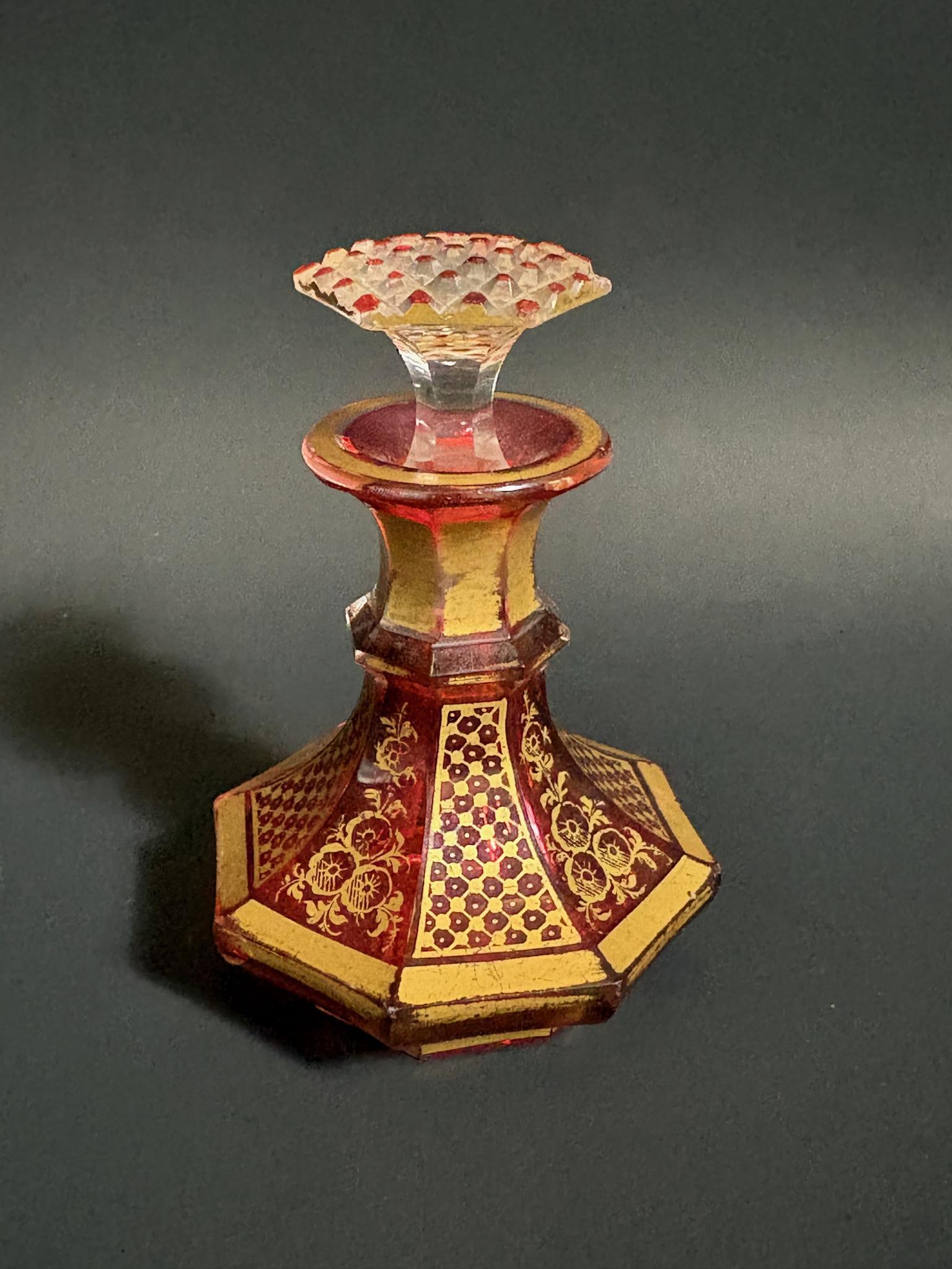 Victorian Bohemian Ruby-gilt Octagonal Scent Bottle with Original Hobnail Stopper (1 of 3)